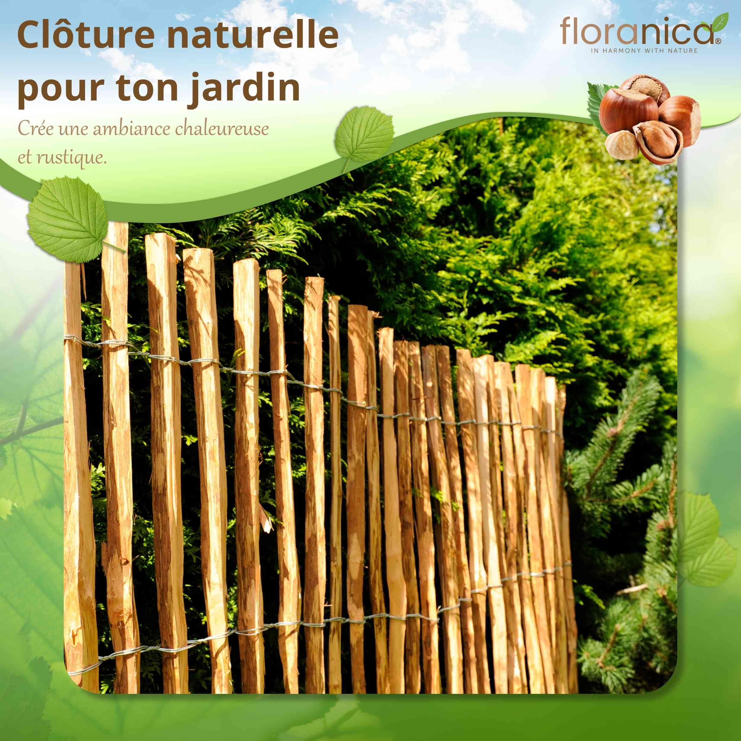 Floranica clôture en noisetier châtaignier 10 m x 50 cm de hauteur, écart entre les lattes 8-10 cm, bordure de jardin