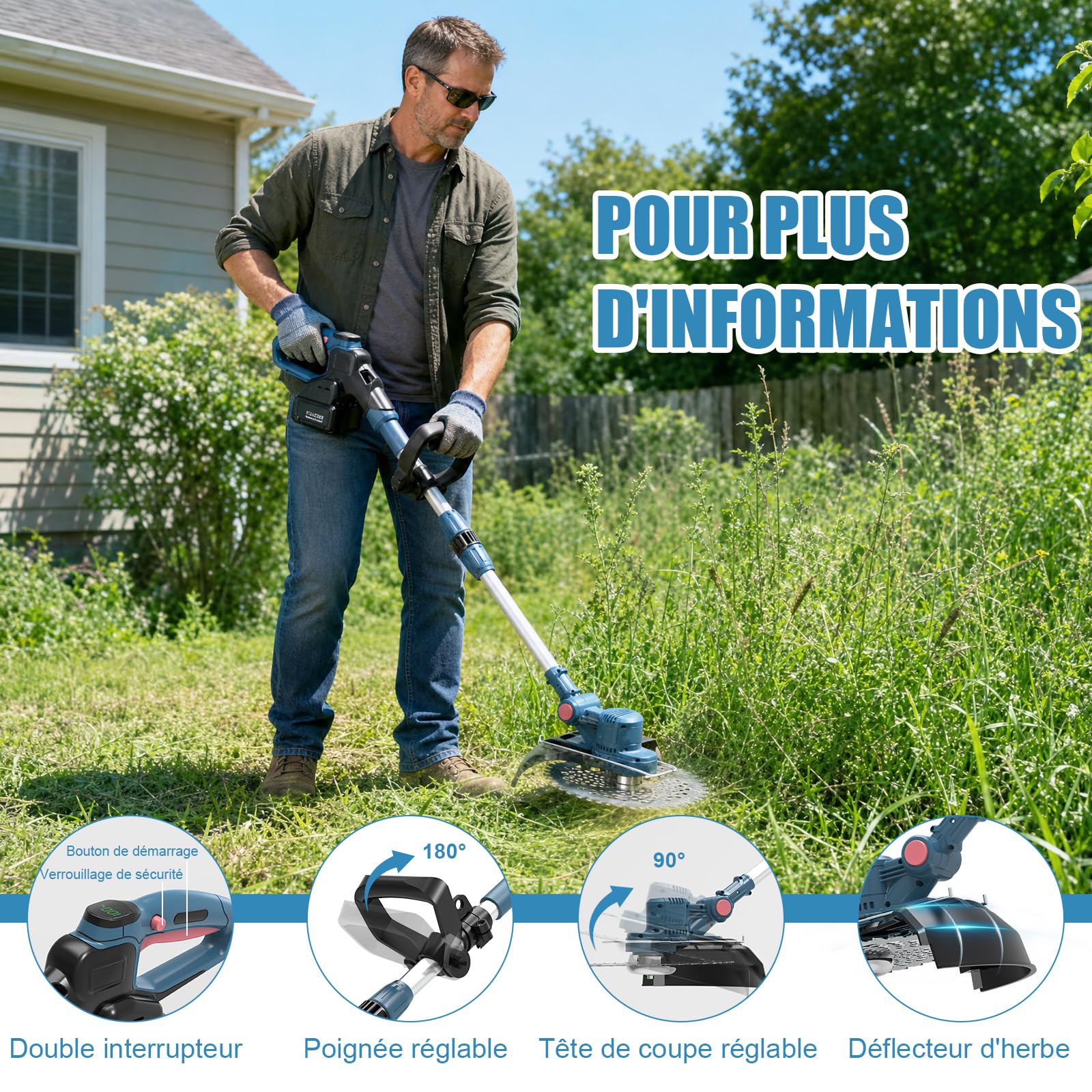 Coupe Bordure sans Fil avec Batterie,Coupe-Herbe 5 en 1 à Batterie-Moteur sans balais 750 W, Débroussailleuse avec 2×4,0 Ah 21 V, Pliable - Convient pour Le Jardin, la pelouse et Le désherbage - Bleu