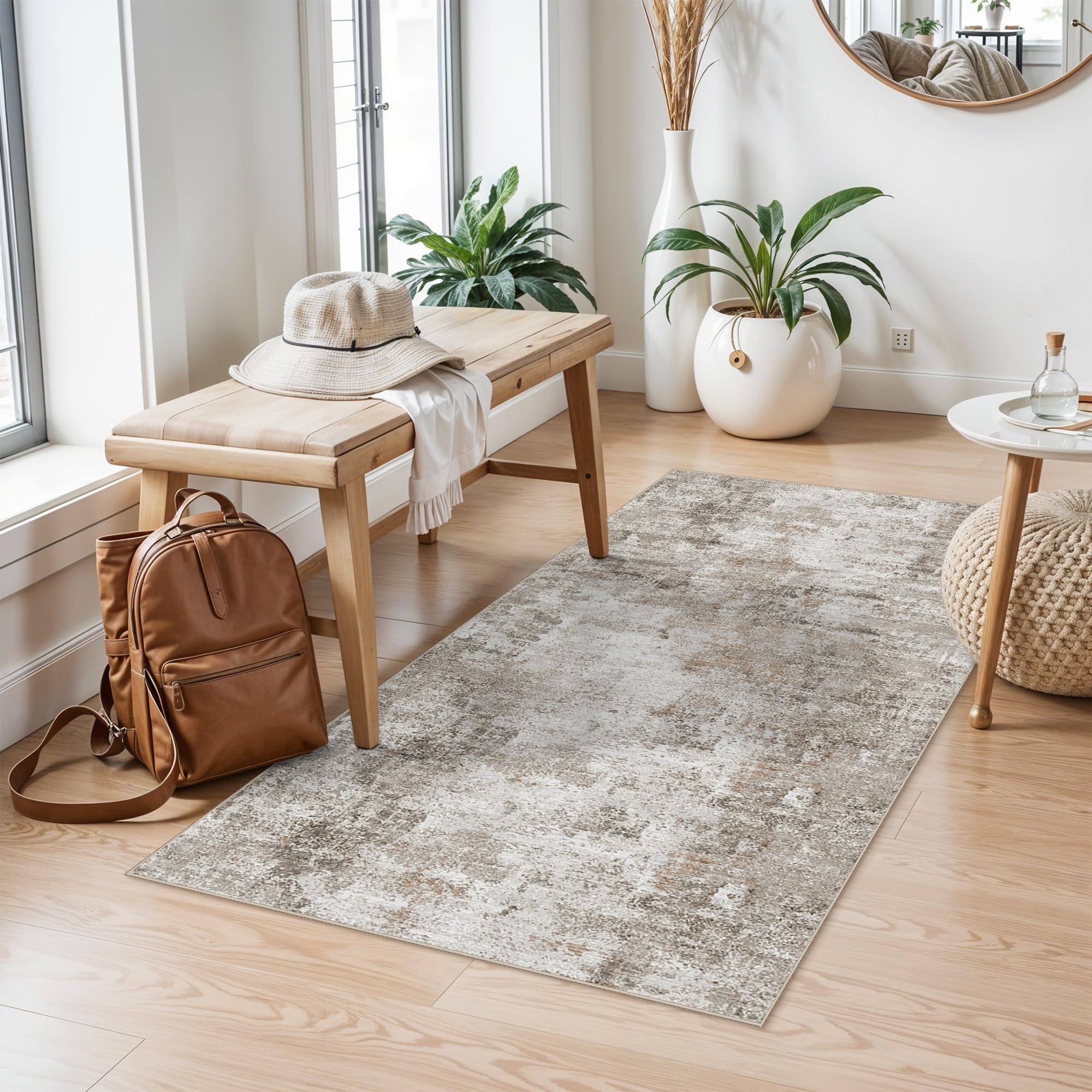 2x4 Washable Entryway Area Rug - Non-Slip Modern Small Indoor Mat for Bathroom,Living Room,Bedroom - Abstract Neutral Soft Low-Pile Throw Carpet with Rubber Backing (Beige Grey) — image 1