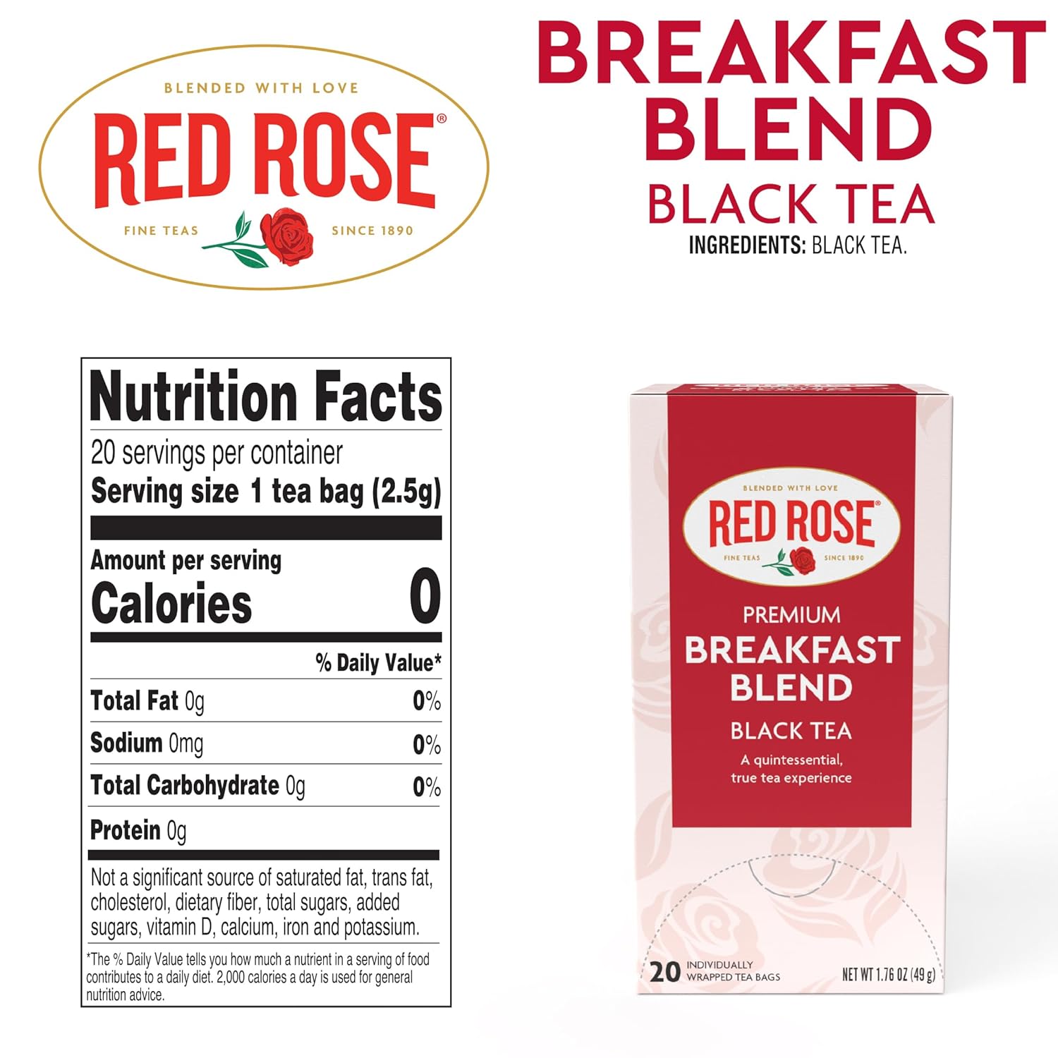 Red Rose Breakfast Tea Specially Blended Strong Robust Black Tea with 20 Individually Wrapped Tea Bags Per Box (Pack of 6) Contains Caffeine Brew Hot Full Flavored Black Tea
