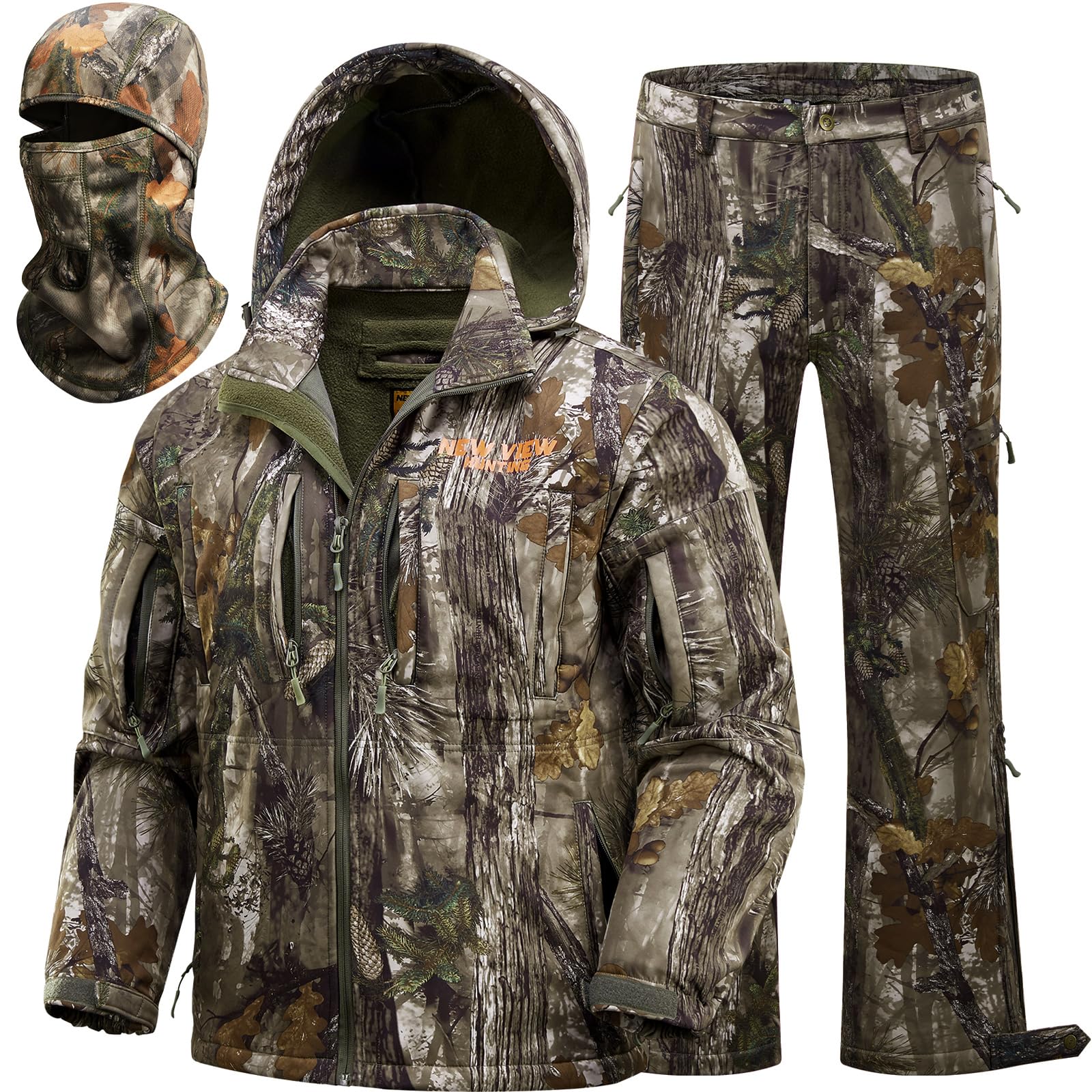 NEW VIEW Camo Hunting Clothes for Men, Quiet Warm Fleece Lining, Cold Weather Deer Hunting Jacket and Pants with Face Mask Large Leaf Camo