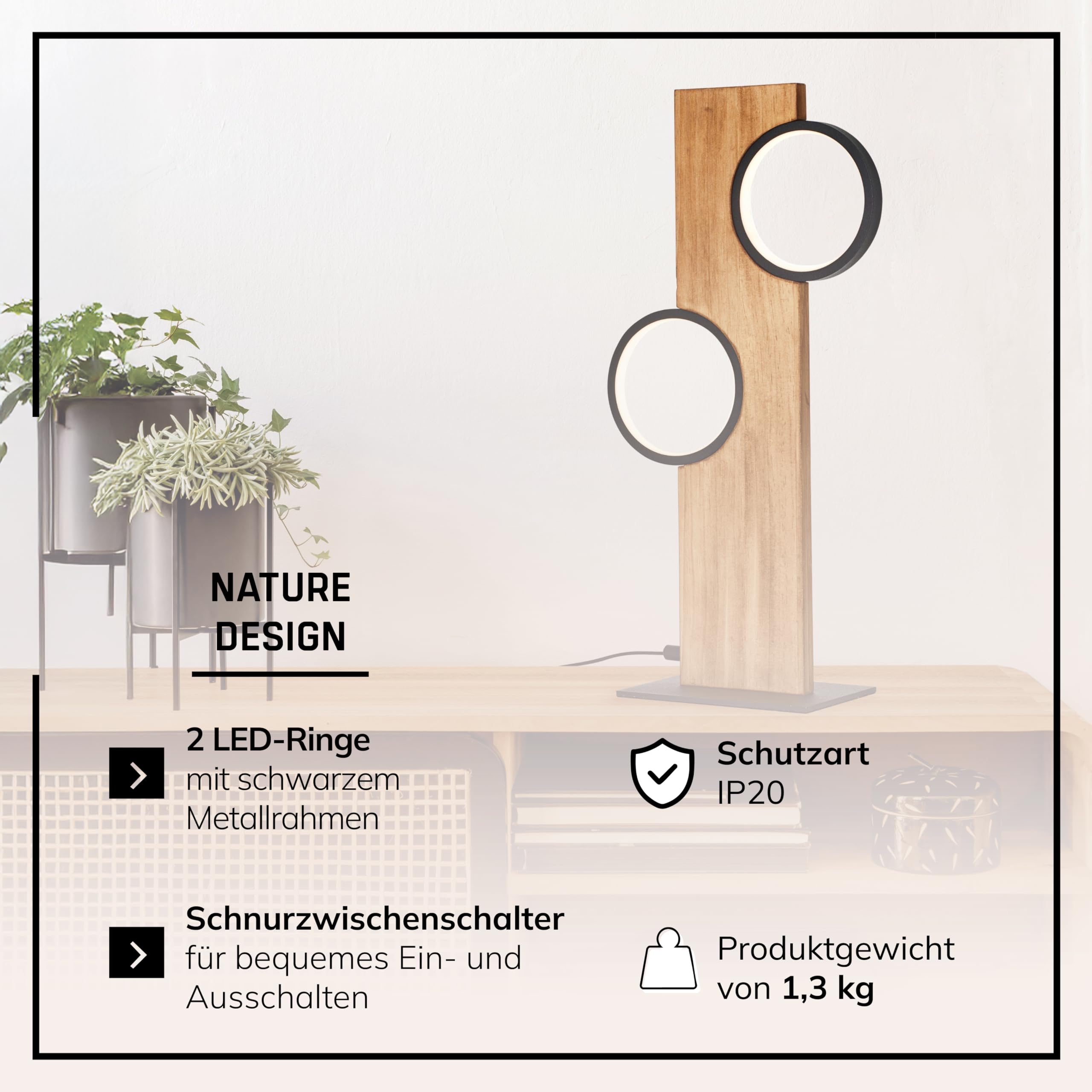 Lightbox LED Tischlampe Holz - Tischleuchte mit LED Kreisen - 50 x 25 x 12 cm - warmweißes Licht 3000 K - moderne Wohnzimmerlampe mit Kabelschalter inkl. LED