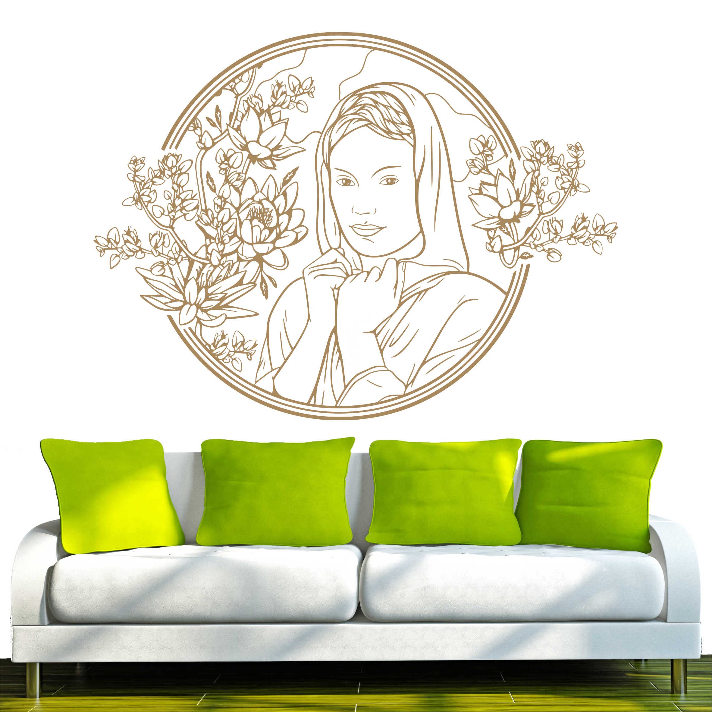 INDIGOS UG - Wandtattoo Wohnzimmer - Wandaufkleber lächelndes Mädchen mit Blumen 160x118 cm - Hellbraun d31 - Aufkleber Kinderzimmer Schlafzimmer Küche Badezimmer Büro Dekoration