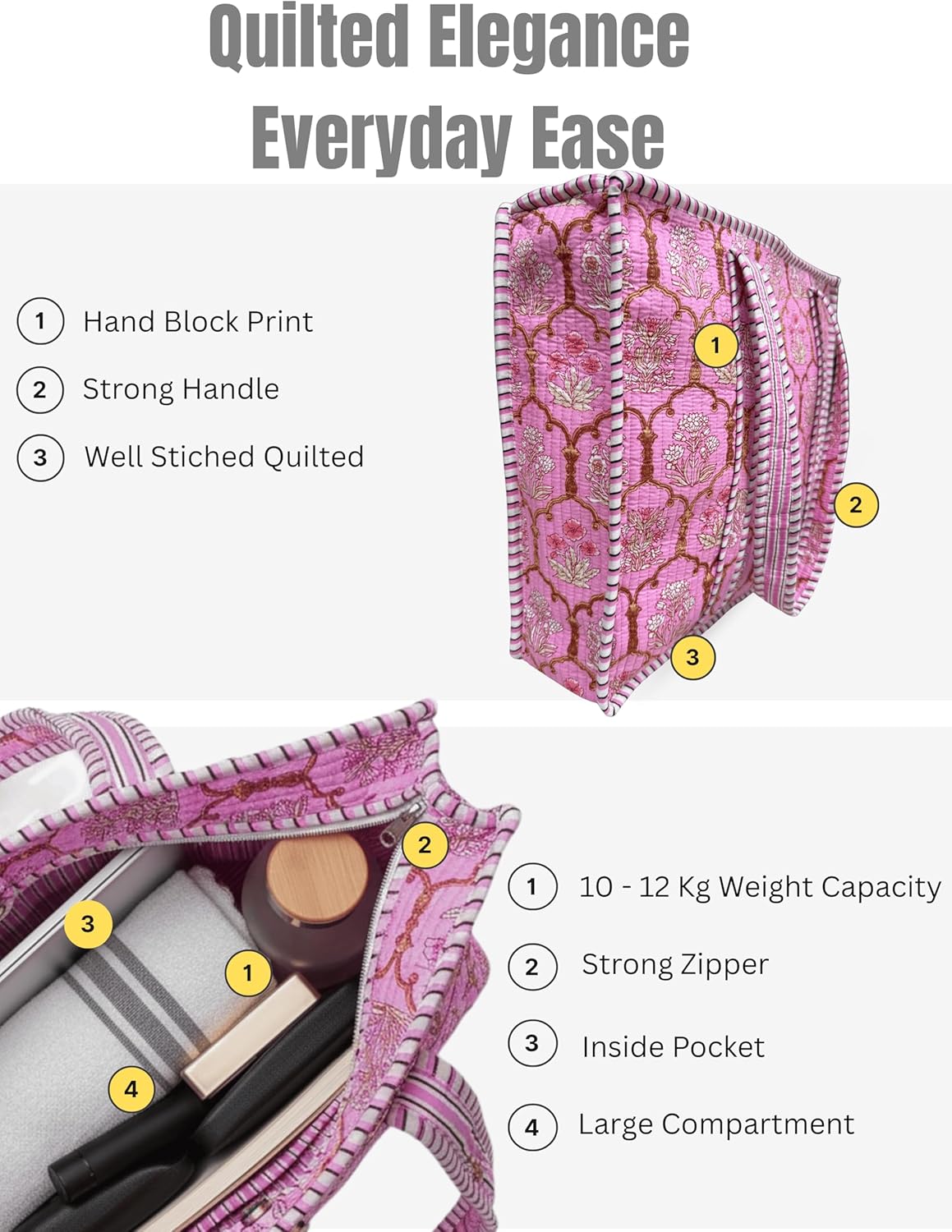 100% Cotton Quilted Tote Bag 18x16– Large Zipper Beach Bag & Travel Bag Green Purse Reusable Grocery Bags - Image 4