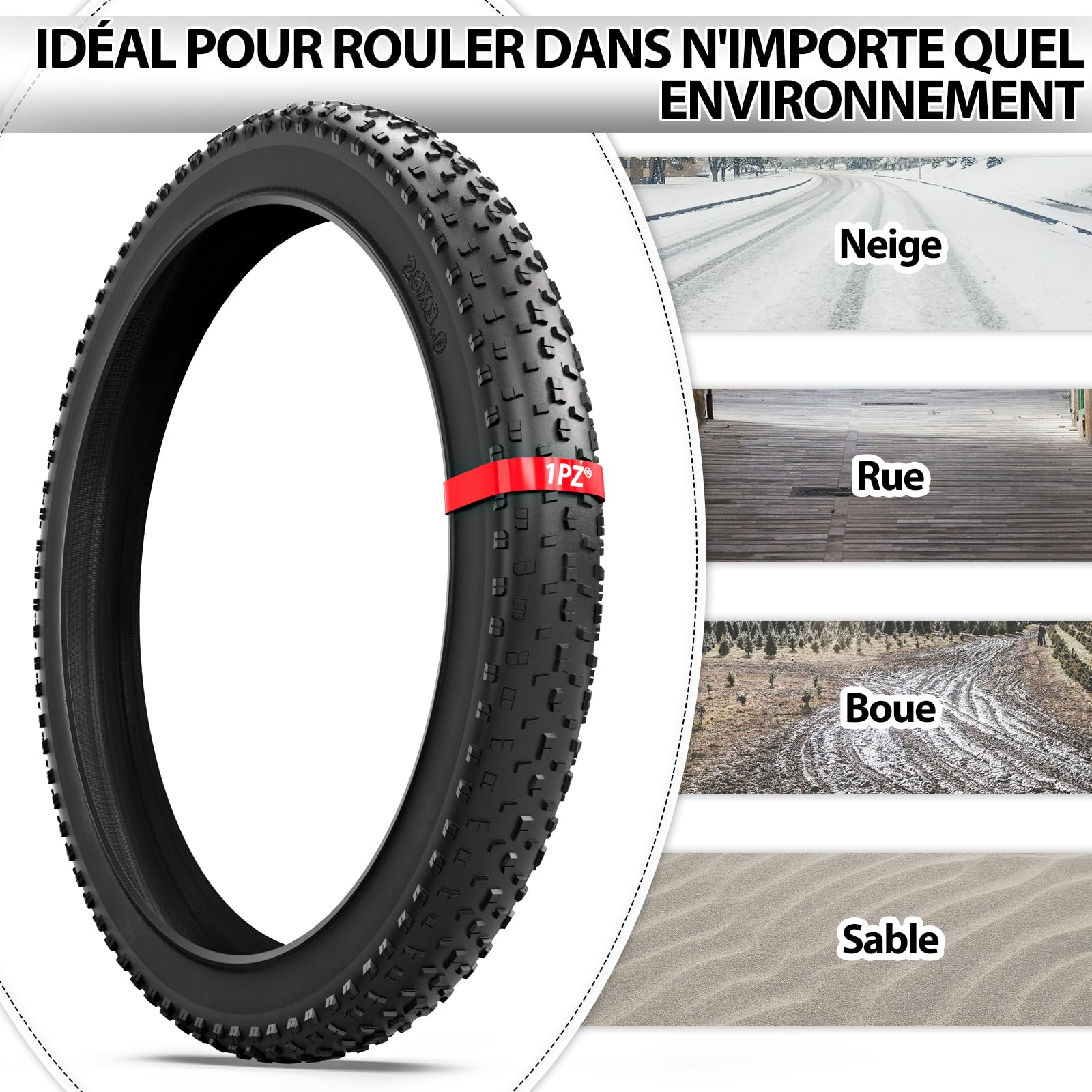 1PZ FR7-FT1 Pneu de Vélo Fat Bike 26x3,0 Pouce : Pneu VTT Fat Performance Tout-Terrain, Pliable et Polyvalent pour Fat Mountain Bike - Conduite sur Route et Sentier