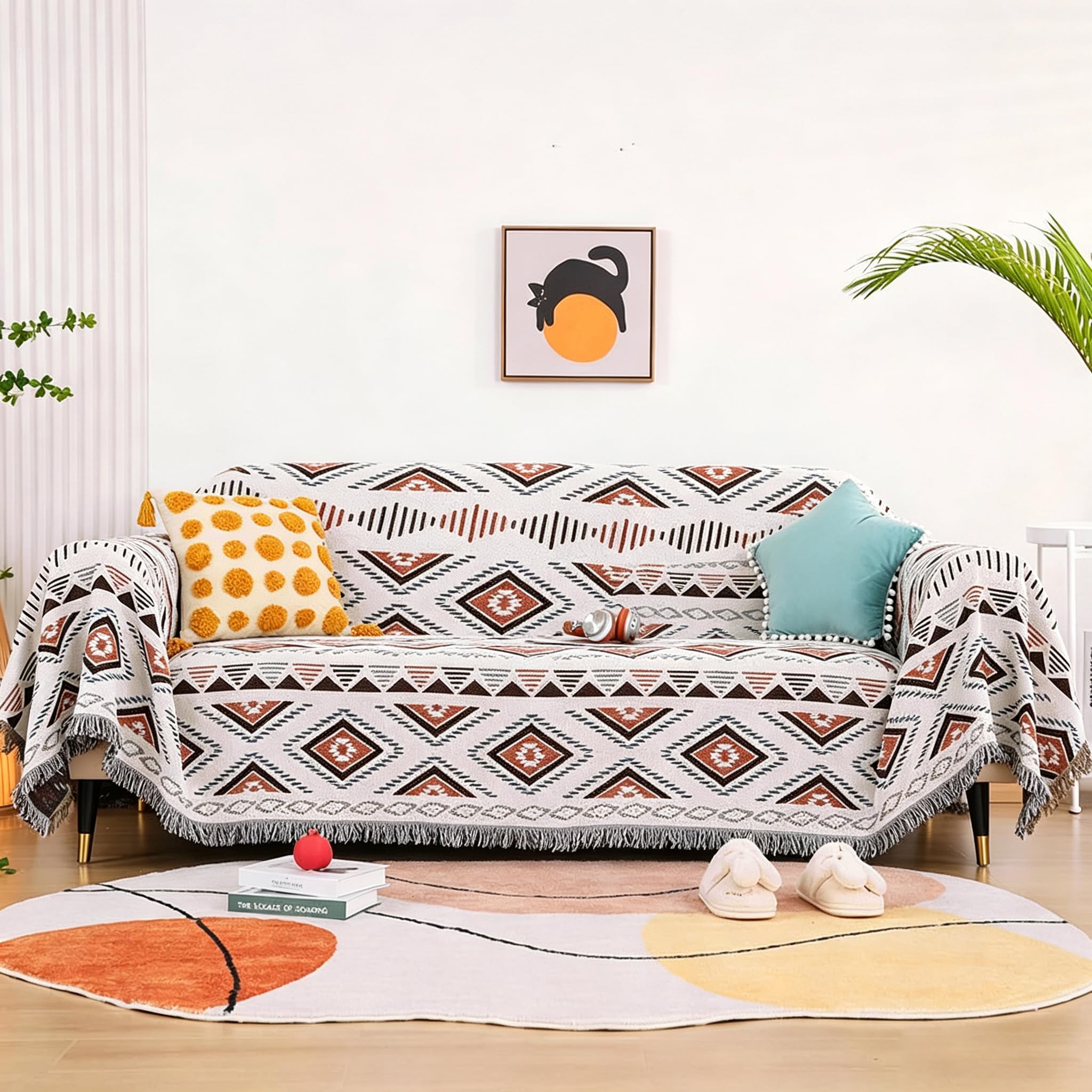 Luxlovery Azteckie koce narzutowe, beżowy, plemienny, boho, geometryczny, biały, khaki, na kanapę, łóżko, ponadwymiarowy pokrowiec na sofę z frędzlami, 160 cm x 218 cm