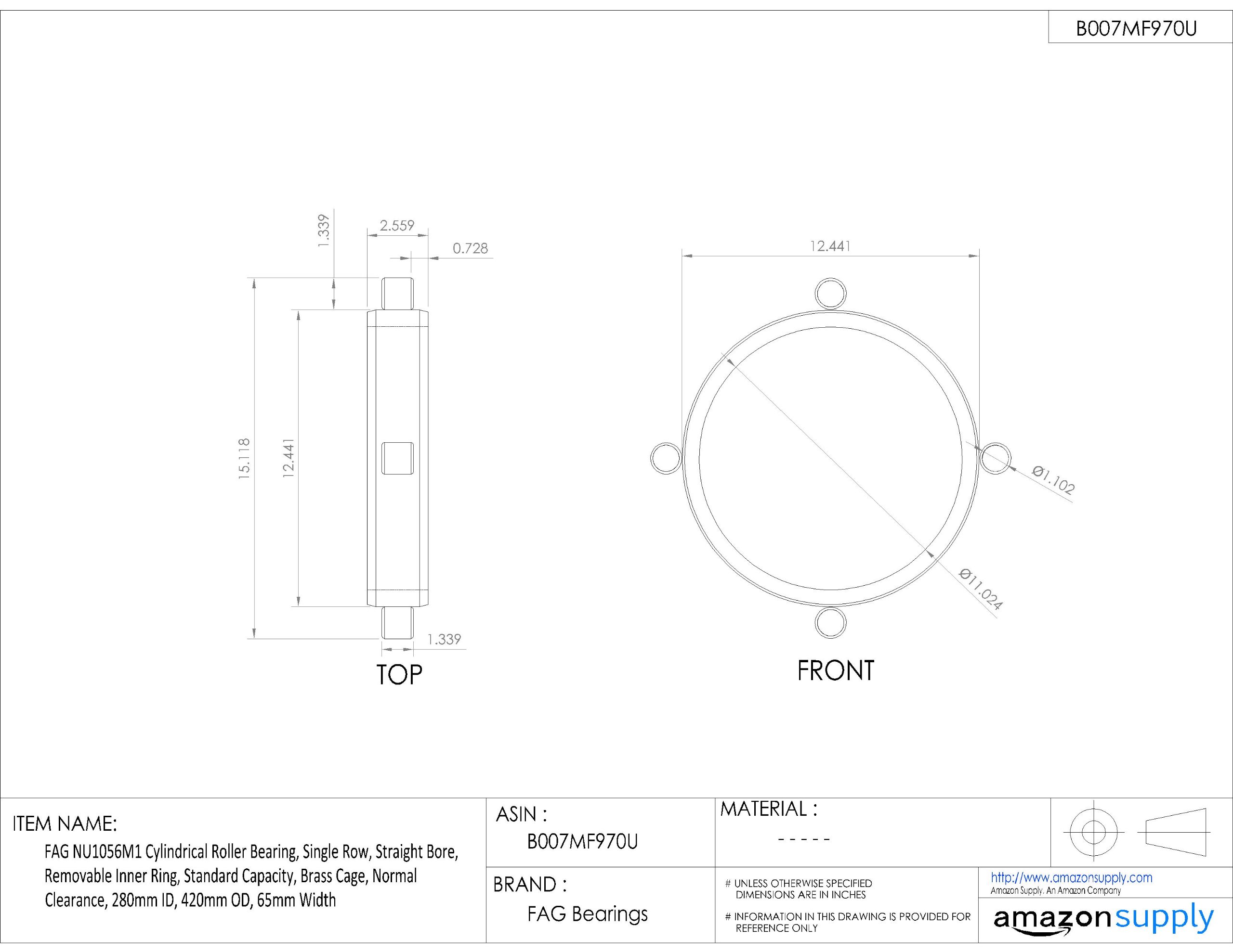 FAG Nu1056 m1 cylindrique Roulement à rouleaux, rangée simple, Straight Alésage, Bague intérieure amovible, capacité standard, Laiton Cage dégagement, Normal, 280 mm ID, 420 mm OD, 65 mm de largeur