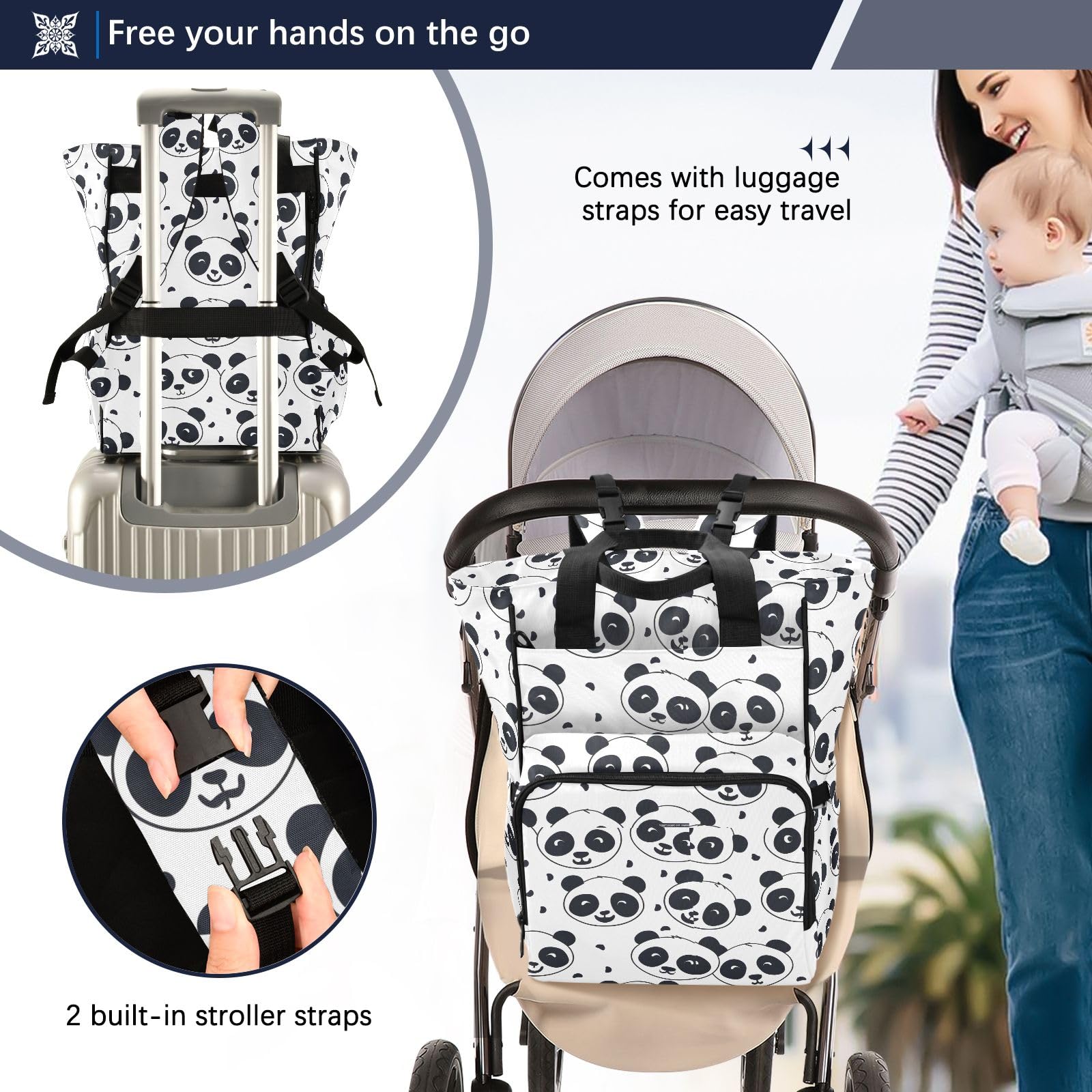 Mnsruu Multiplo Kawaii Pandas Pattern Baby Diaper Bag Zaino Grande Borsa Impermeabile Viaggio Borse per Pannolini per Mamme e Papà