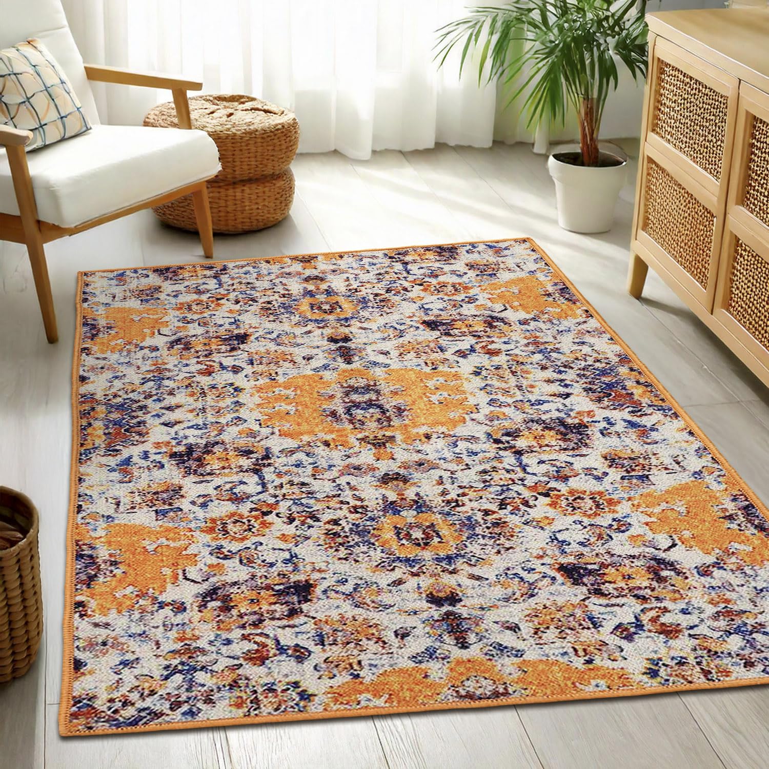 Status Contract Rugs for Living Room | (4x6ft) 3D Printed Carpet for Living Room Decor|Anti Skid Backing Home Essentials| Boho Rugs Living Room (Vintage 405), Polyester, Multicolor, Rectangular