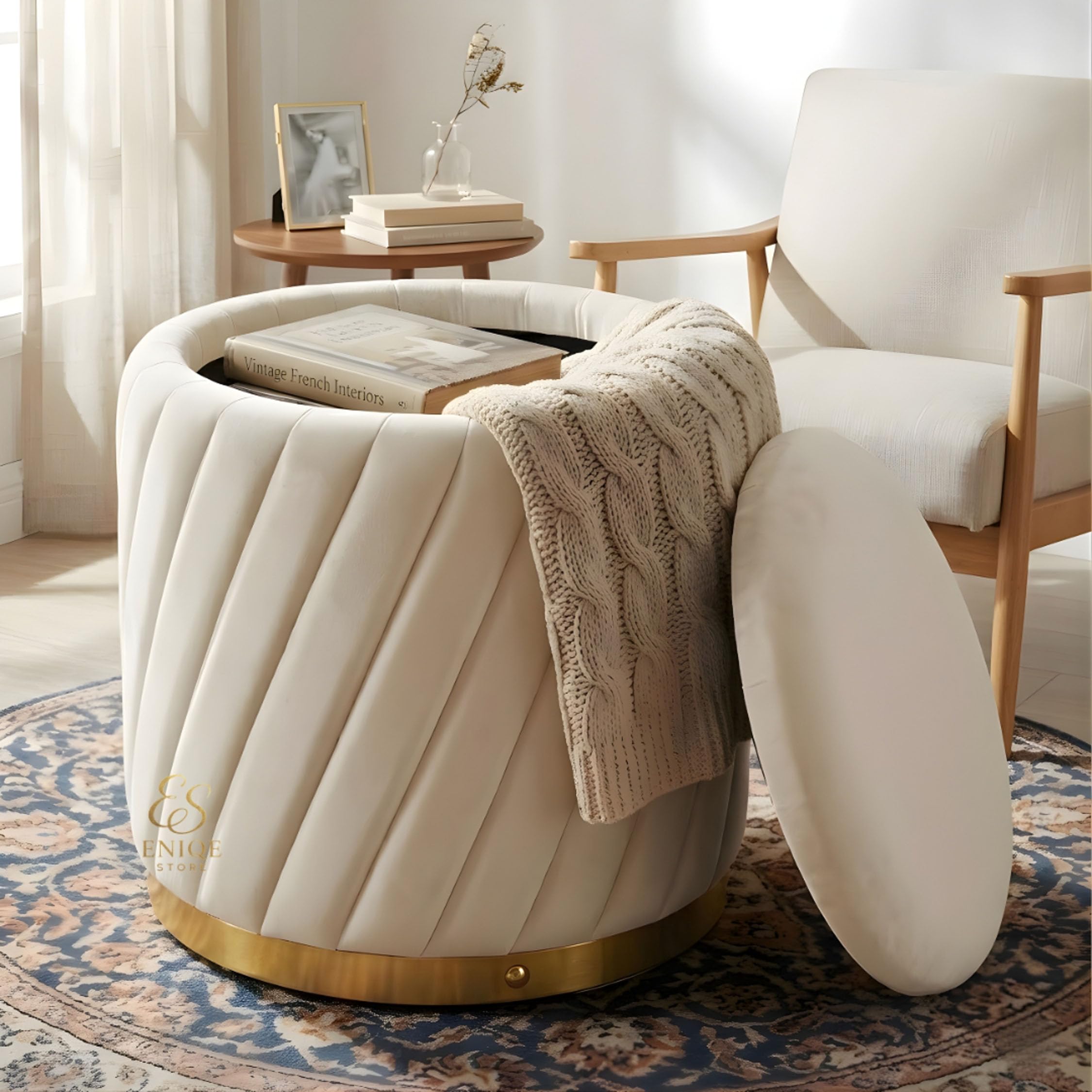 Round Velvet Luxurious Storage Ottoman, Pouf with Storage Vanity Stool Chair, Upholstered Foot Rest Stool with Gold Strip Base for Bedroom or Living Room (Cream)-image-2
