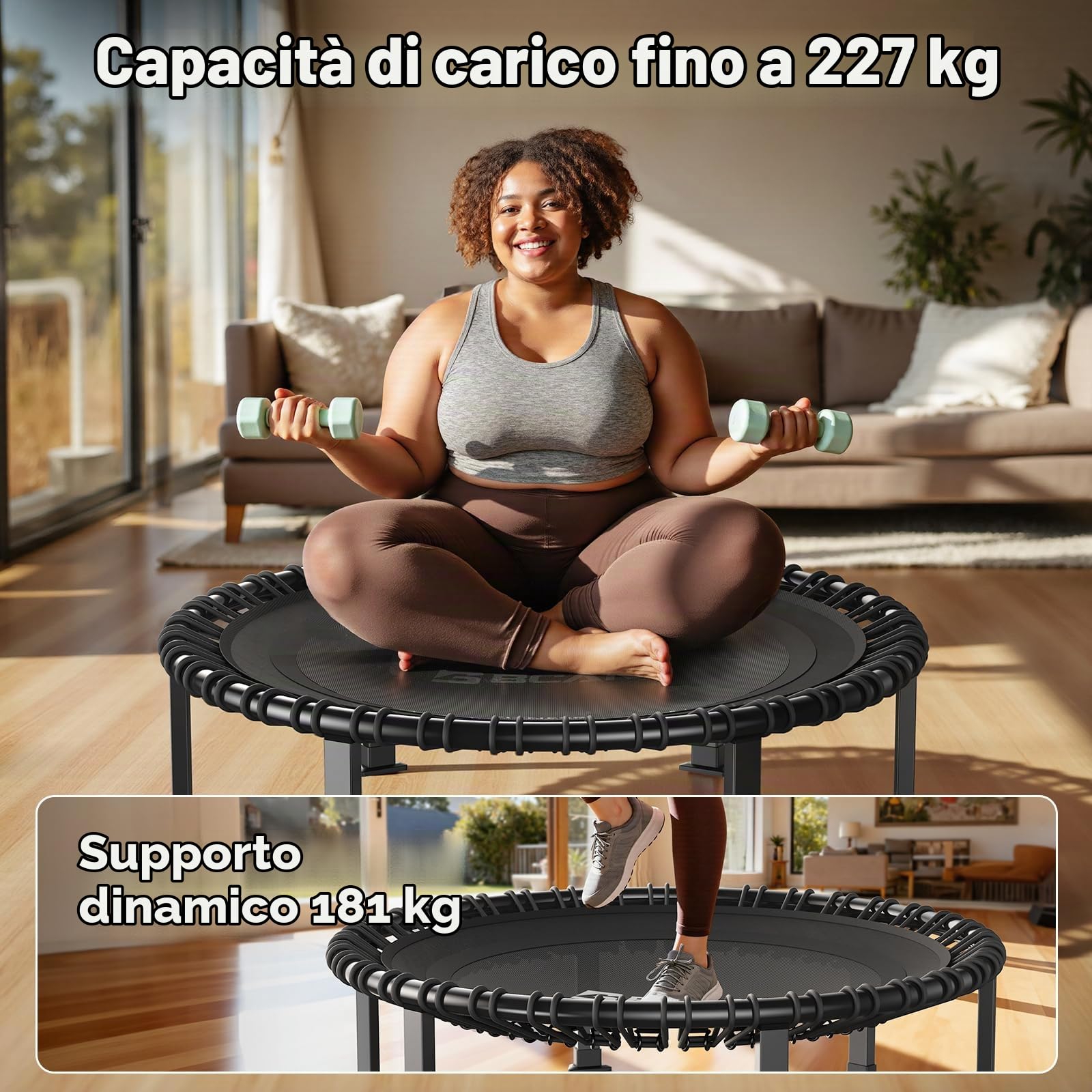 B BCAN BT4 Soft Land Pro - Trampolino elastico elastico da 96/102/122 cm, capacità 227 kg, elastico a tensione regolabile, telaio monopezzo, supporto per telefono e 2 paia di calzini