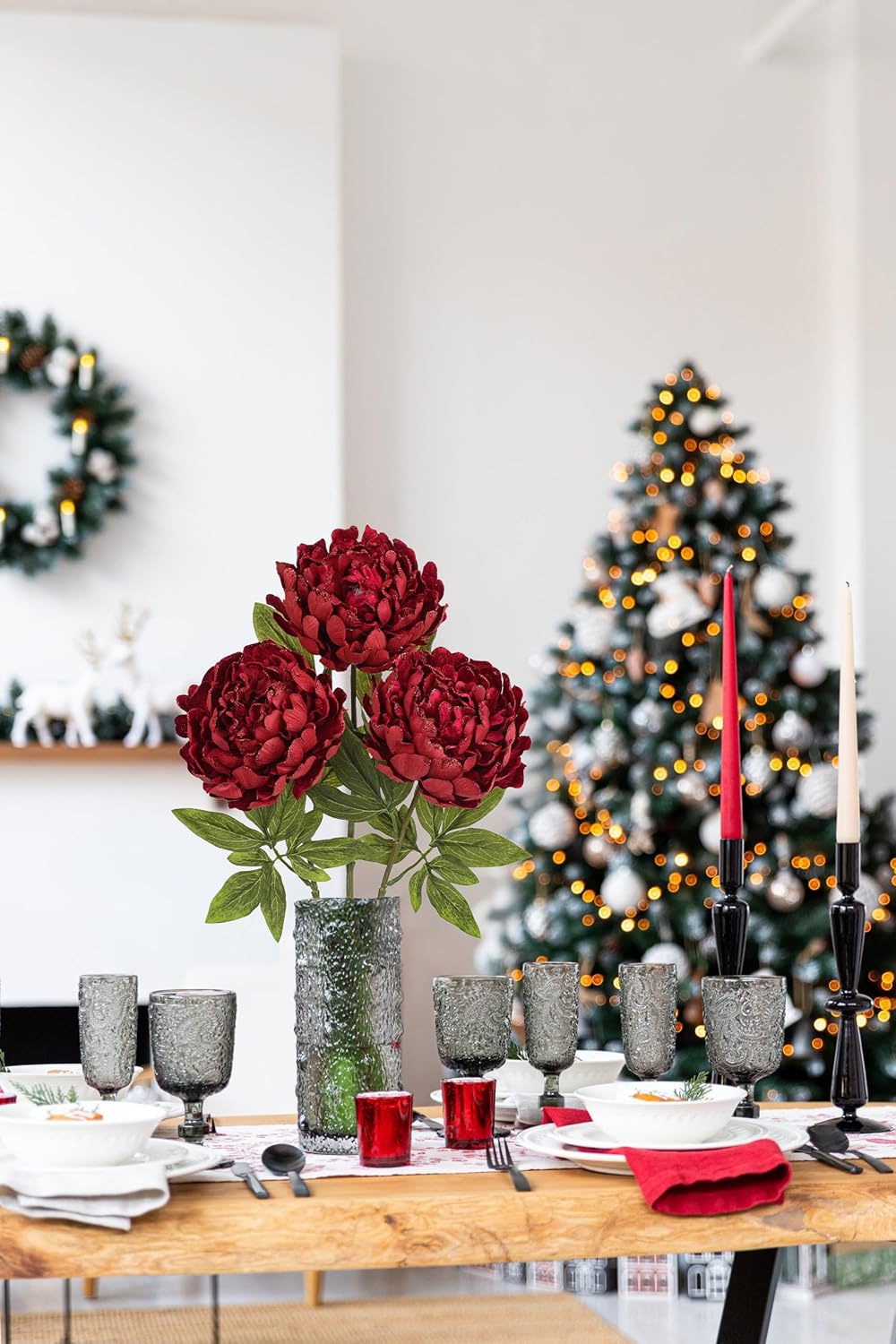 Briful 3PCS Red Peony Artificial Flower Stems 29.1in Long Stem Fake Peonies Silk Floral Arrangement Real Touch Peony Flower for Christmas Home Vase Party Wedding Bouquet Decor - Image 6