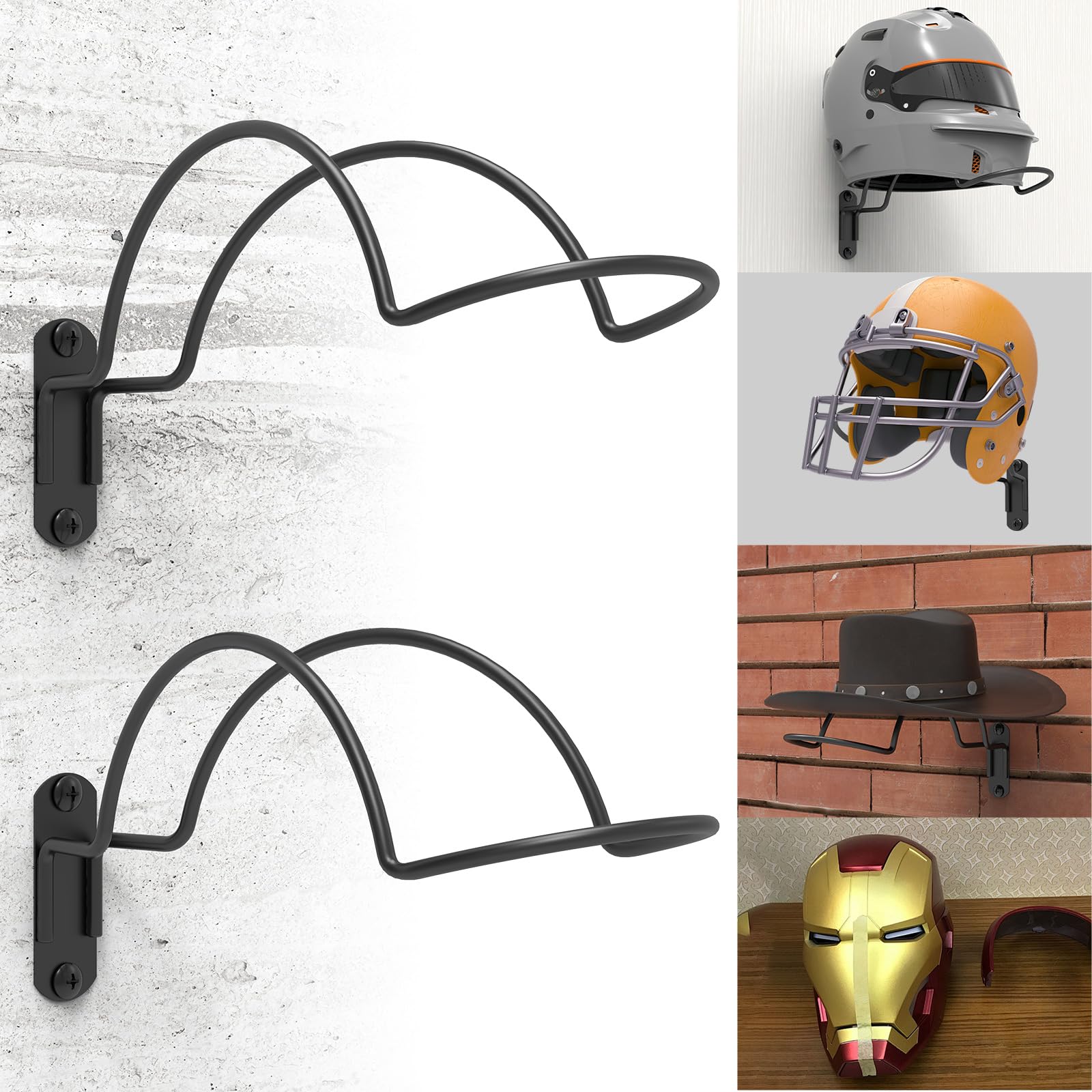 GZQIUYI Wall Mounted Helmet Holder, 2 Pack Metal Rack for Motorbike, Equestrian & Bicycle Helmets, Heavy Duty Display Bracket for Hat Storage, 33cm x 12cm