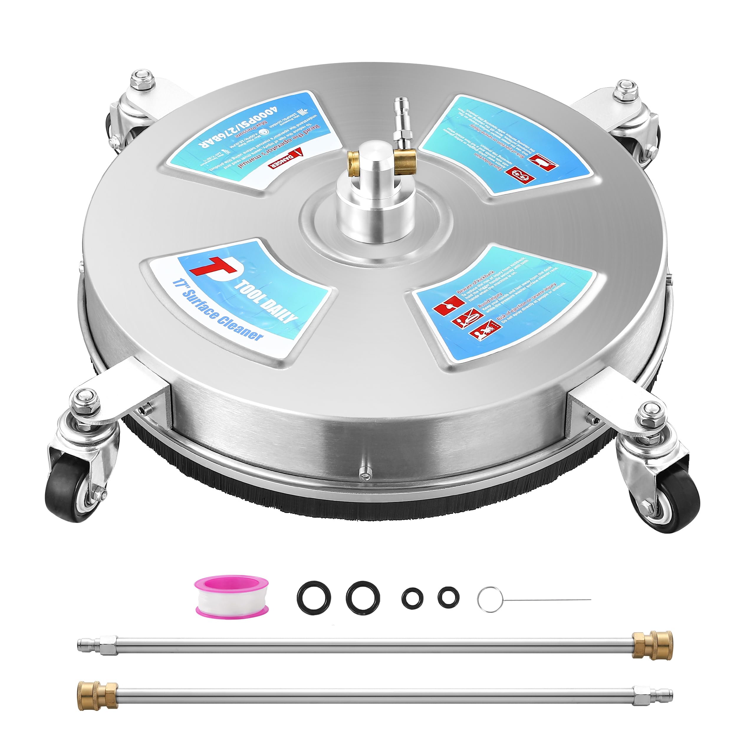 Tool Daily 17" Surface Cleaner for Pressure Washer, Stainless Steel Driveway Power Washer Attachment with 4 Wheels, 2 Extension Wands, 4000 PSI