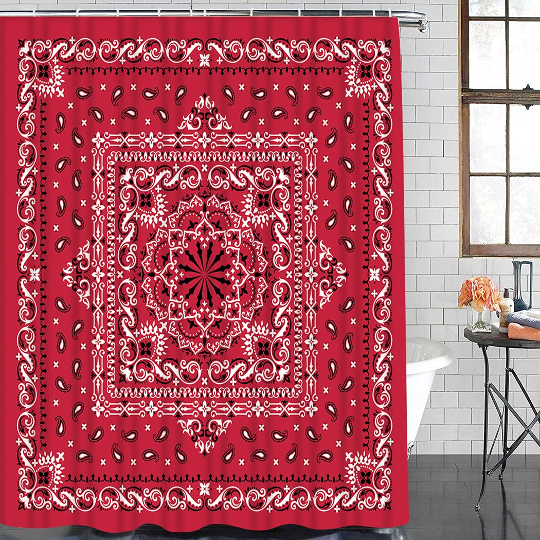 YIJIN Boho Red Shower Curtain,Waterproof Fabric Bathroom Fabric Shower Curtain Set Hooks,White and Red Shower Curtain with 12 Hooks Decor Accessories with 72x72 Size