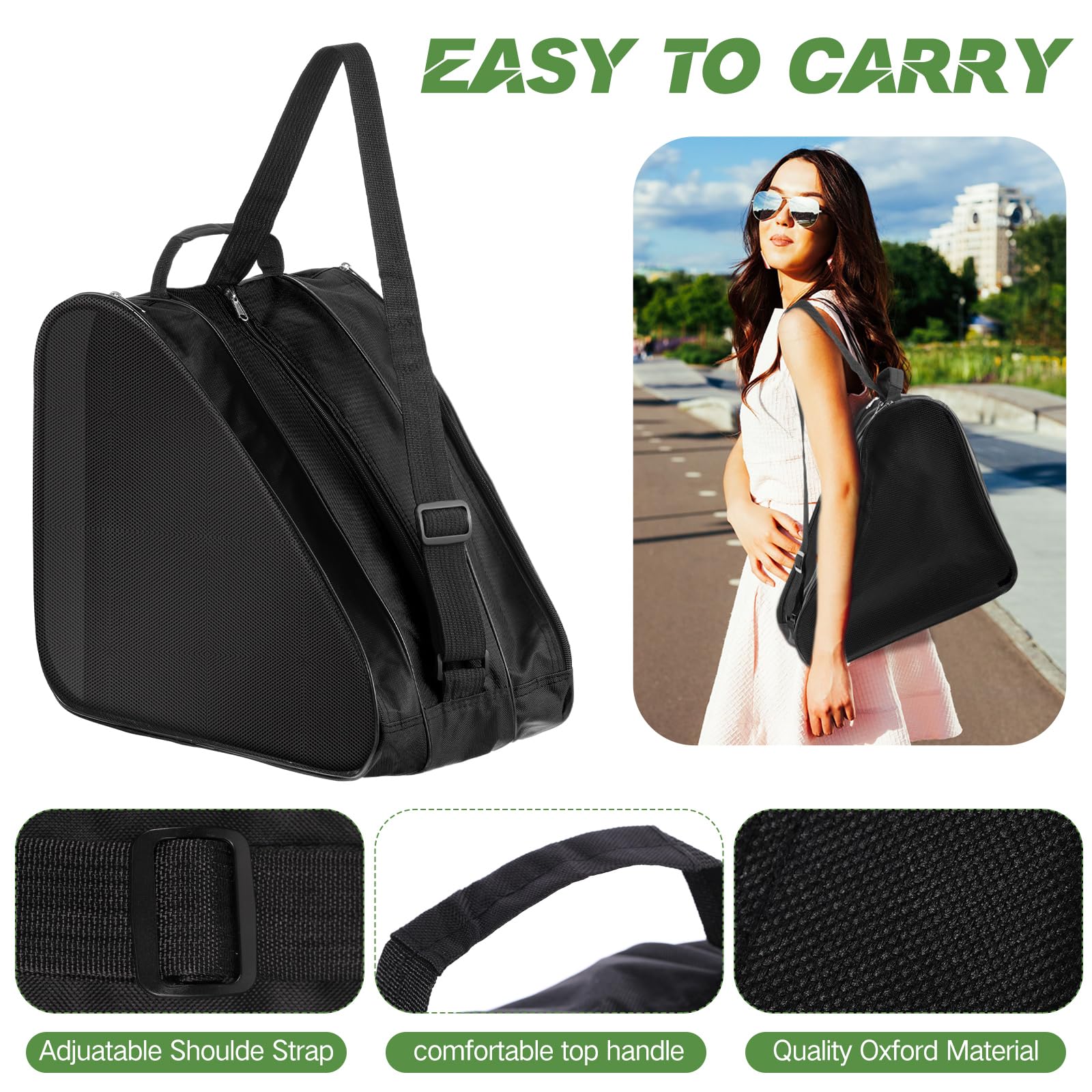 CHENGU Lot de 2 sacs de patins à roulettes respirants de grande capacité avec bandoulière réglable - Accessoires de patinage artistique pour garçons et filles - Noir