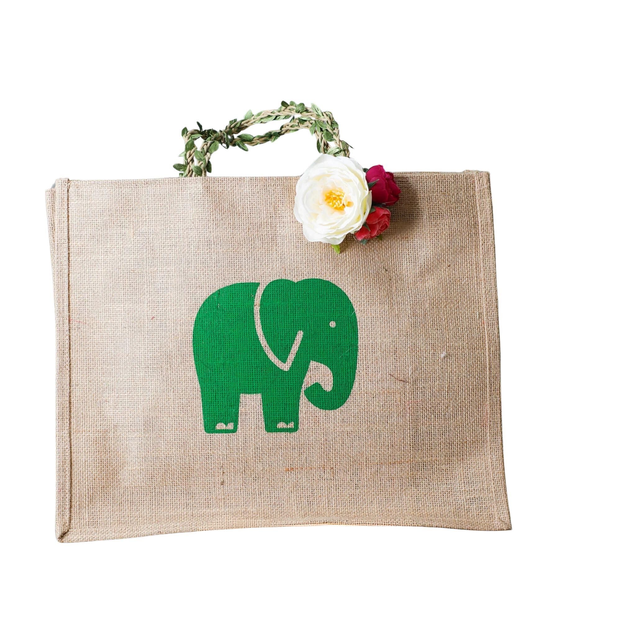 Desi FavorsJute Canvas Tote Bag with Elephant Print | Indian Handmade for Valentines Day Gifts | Suitable for Travel, Wedding, Beach, Shopping, Holiday, 12x15x5 Inch (Pack of 1)