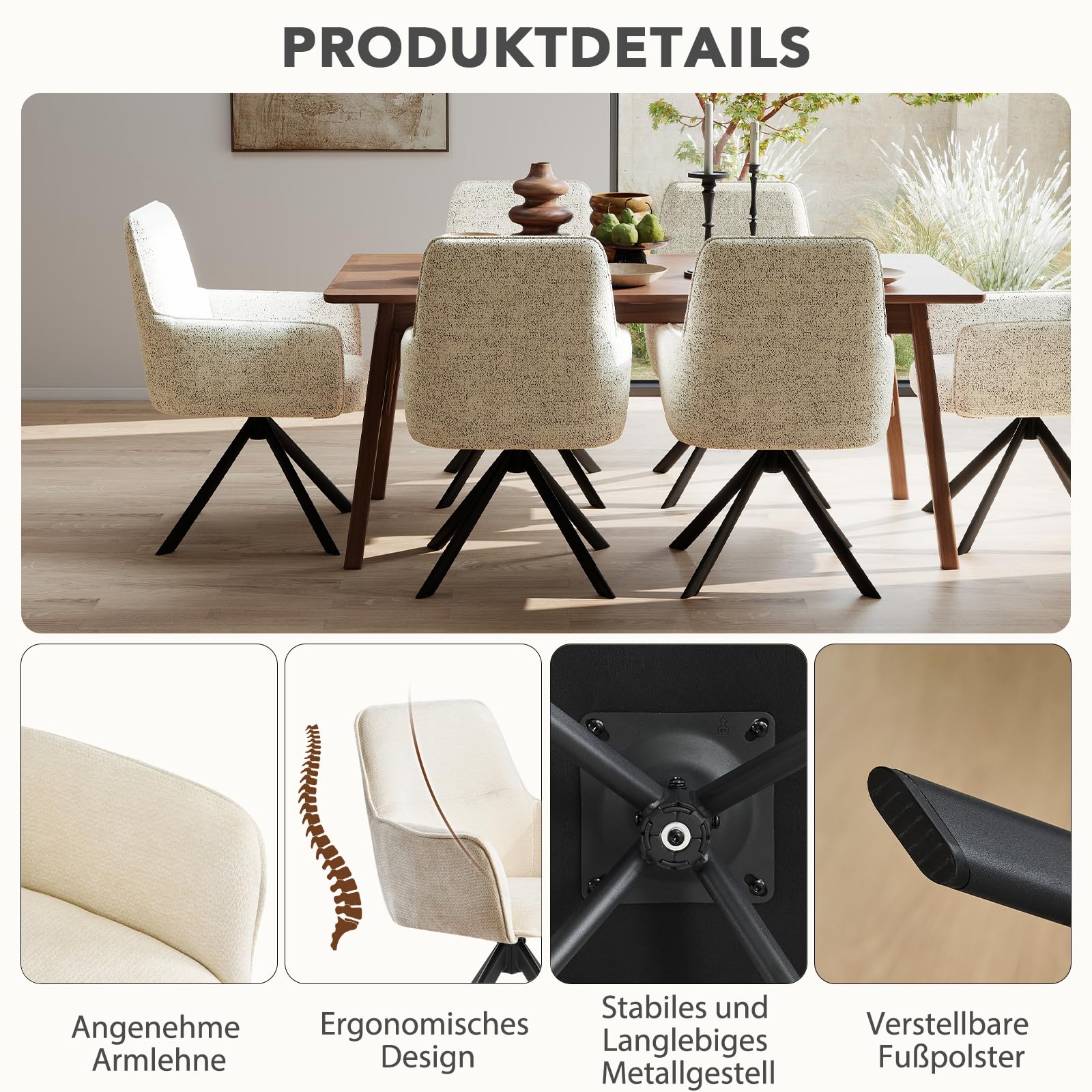 Esszimmerstühle Drehbar mit Armlehne 2er Set, 360°Drehbar Polsterstuhl Küchenstuhl aus Chenille, Stühle Esszimmer Schminkstuhl mit Metallbeine für Esszimmer Küche Schlafzimmer, Beige