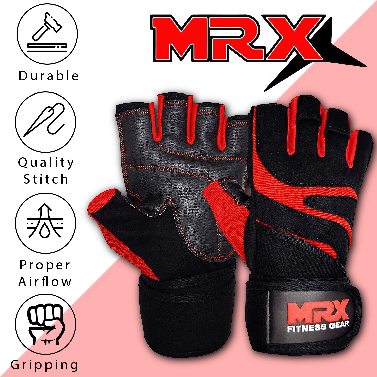 MRX - Guanti per Sollevamento Pesi da Boxe e Fitness, con Supporto Integrato per Avvolgere Il Polso, Mezze Dita, per Costruire Il Corpo, Uomo, Nero e Rosso, Large