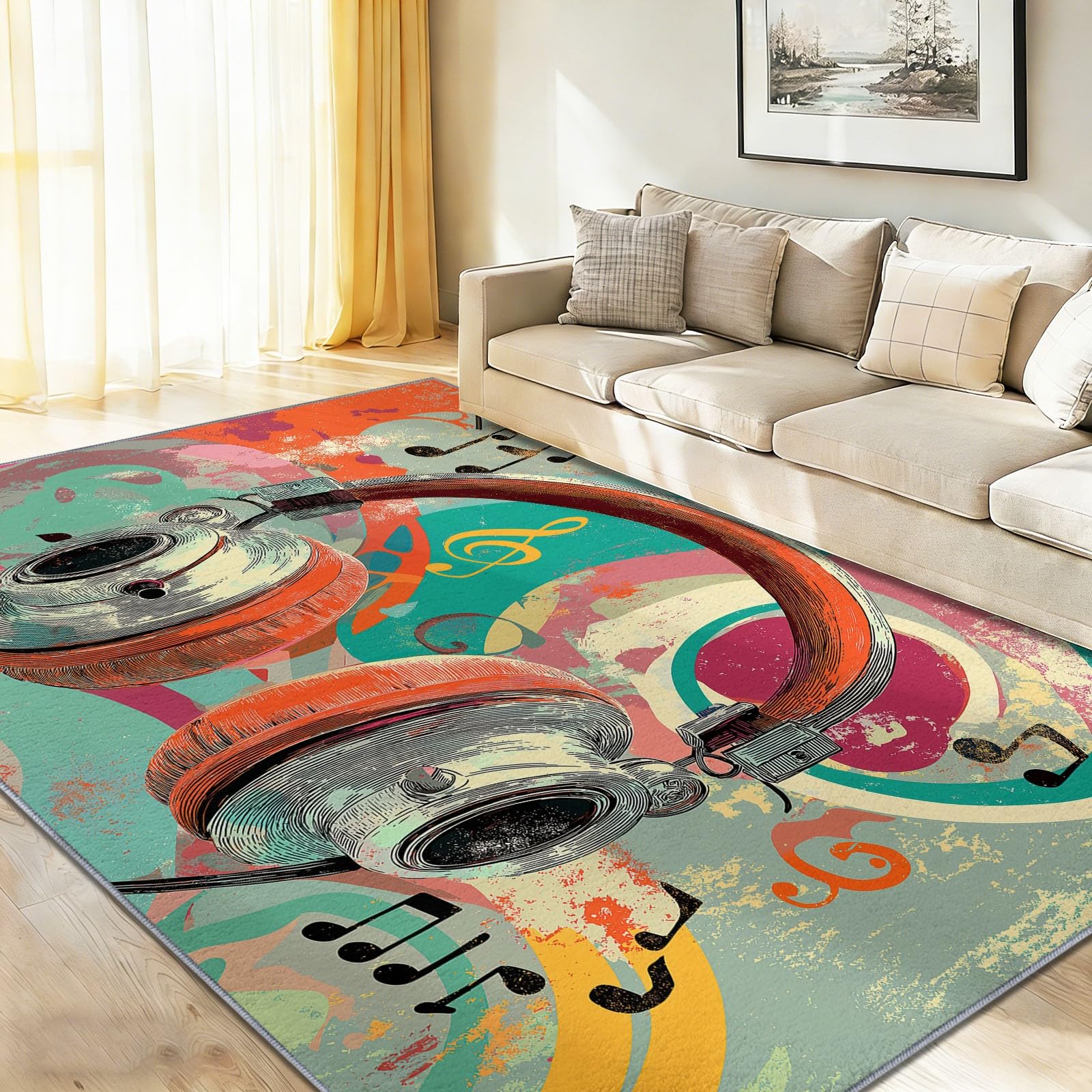 Dywan można prać w pralce, muzyka i kwiaty, kolorowy wzór bloków do salonu, sypialni, jadalni, 140 x 200 cm, miękki dywan do pokoju dziecięcego, kolorowy