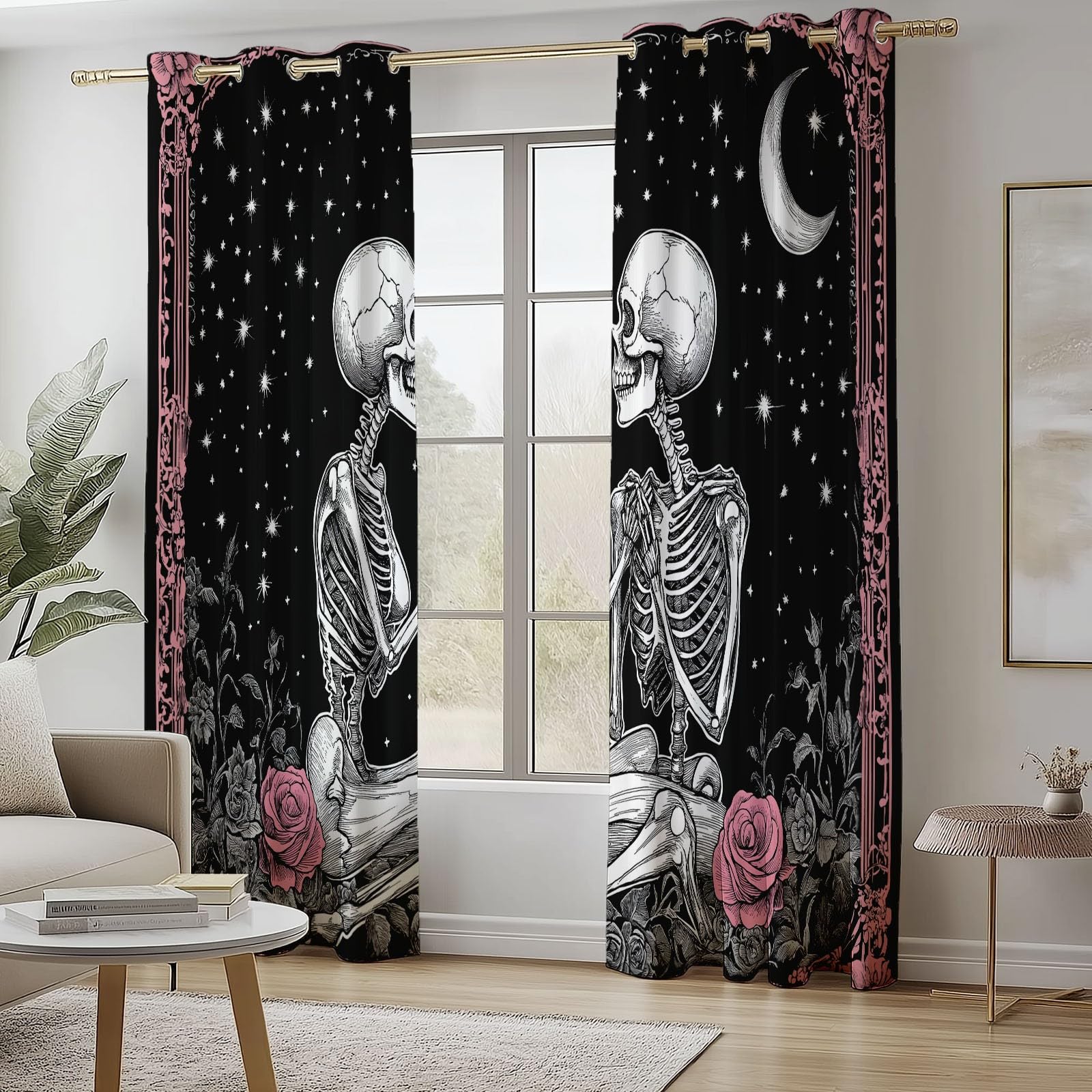 Rideaux Isolants 110L X 215H cm (2 Panneaux), Design Crâne Gothique Rose Tenture Opaque Anti-Chaleur pour Chambre Principale, Noir