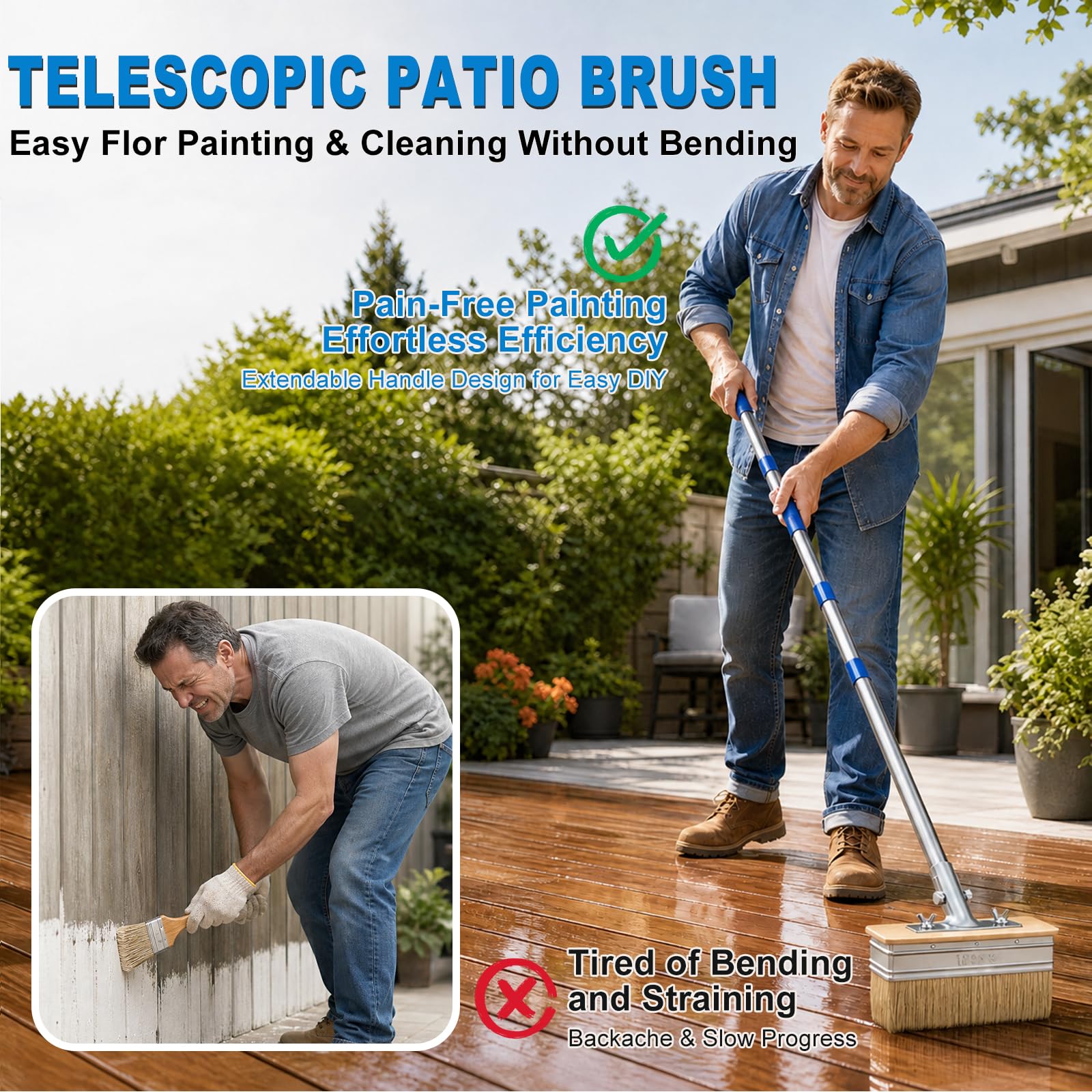 Spatola da 153 cm con manico per grandi superfici, terrazza, parete | Per dipingere in modo rapido e uniforme grandi superfici senza piegarsi, facile da usare. Pennello piccolo incluso