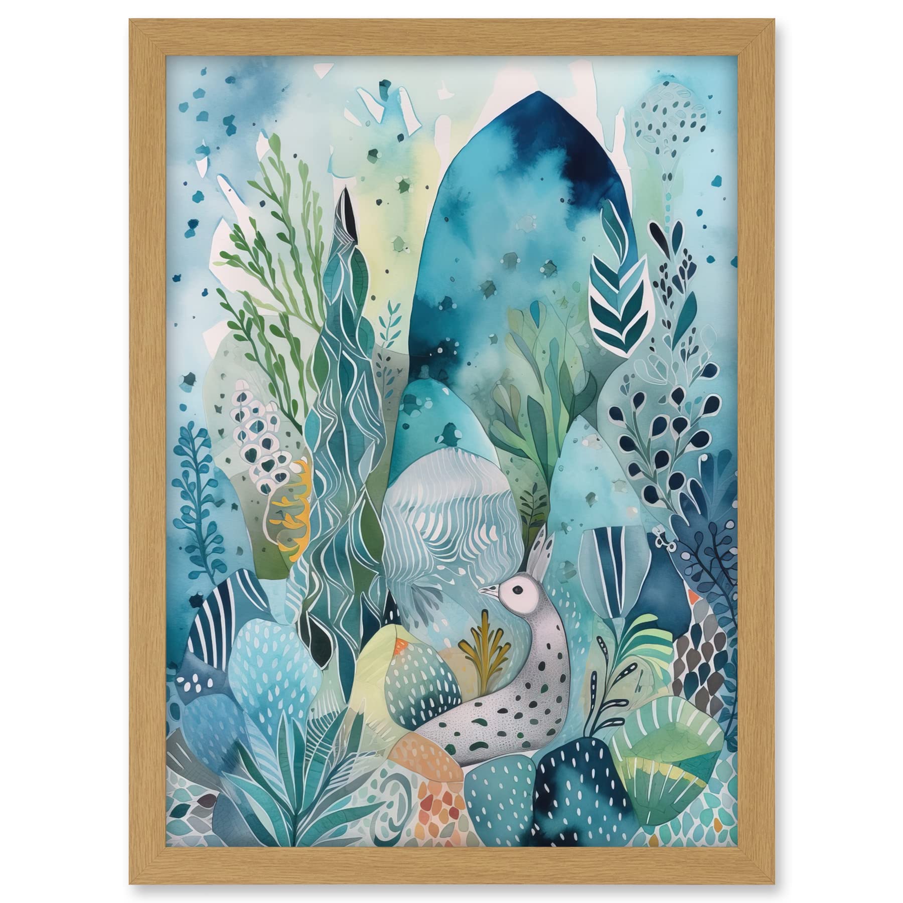 Artery8 Coastal Plants And Animals Folk Art Watercolour Painting Artwork Framed A3 Wall Art Print