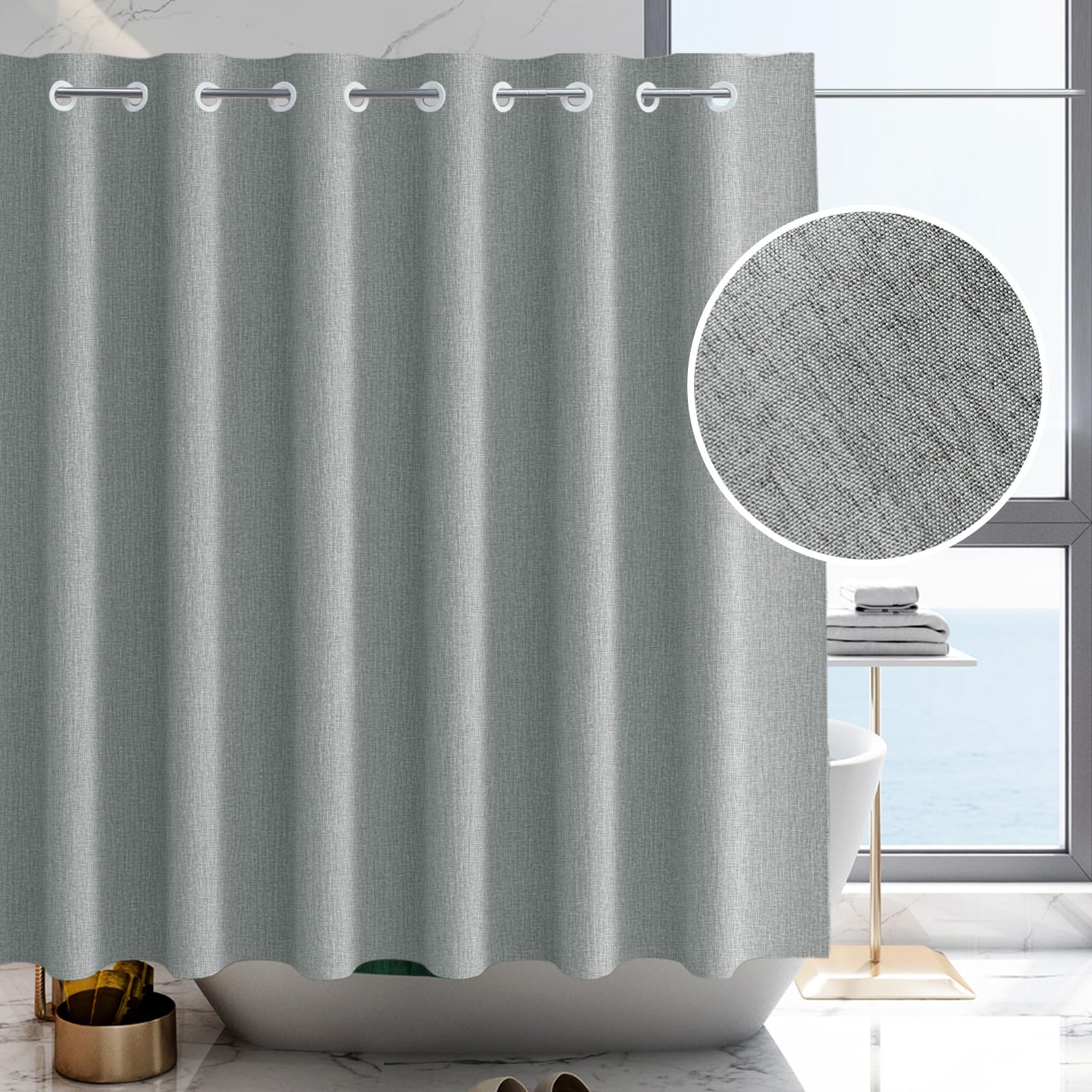 YISURE Tenda da doccia senza ganci, in lino sintetico, resistente, idrorepellente, lavabile in lavatrice, larghezza 200 x altezza 220 cm