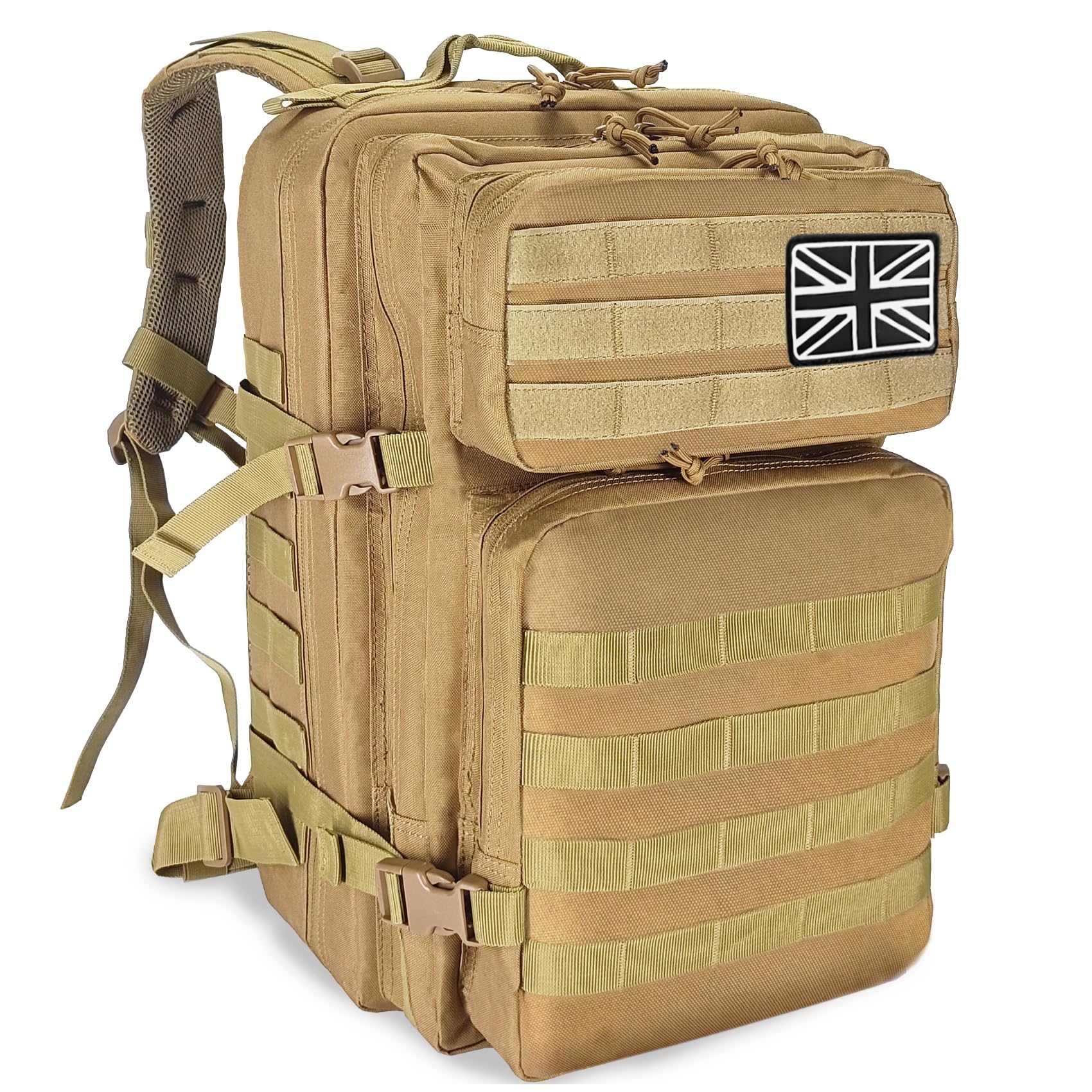 HEMSO Military Tactical Backpack, 45L Outdoor Assault Survival Travel Backpack, Waterproof Backpack, Suitable for Hunting, Hiking & Camping and Other Outdoor Activities (Khaki)