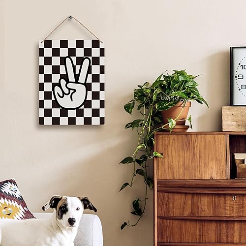 Miniatura 2 de FUGWN Letrero de madera para colgar en blanco y negro a cuadros de 8 x 10 pulgadas, decoración de tablero de ajedrez negro para el hogar, habitación