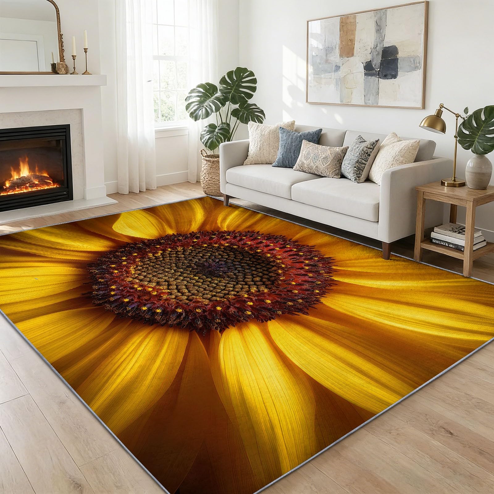 Générique Tapis Lavable en Machine Jaune, Tapis Poil Court Antidérapant Imprimé Élégance Photographie Fleurs Tournesol pour Salon Chambre Salle à Manger Bureau Entrée, 80 x 150 cm