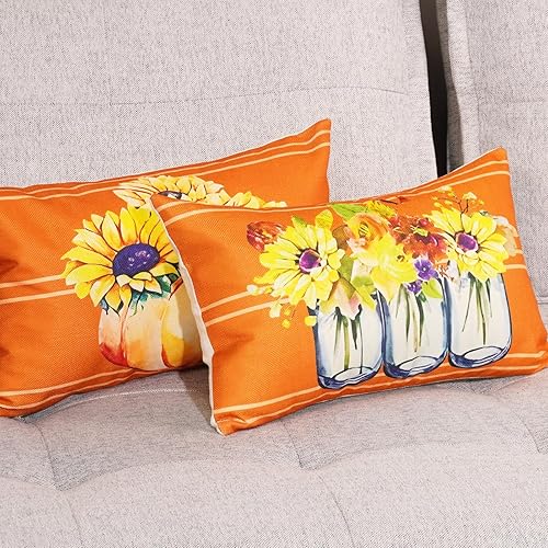 Miniatura 9 de HOMFREEST Juego de 2 fundas de almohada florales otoñales de 18 x 18 pulgadas, fundas de cojín de rayas otoñales de granja, jarrón, fundas de