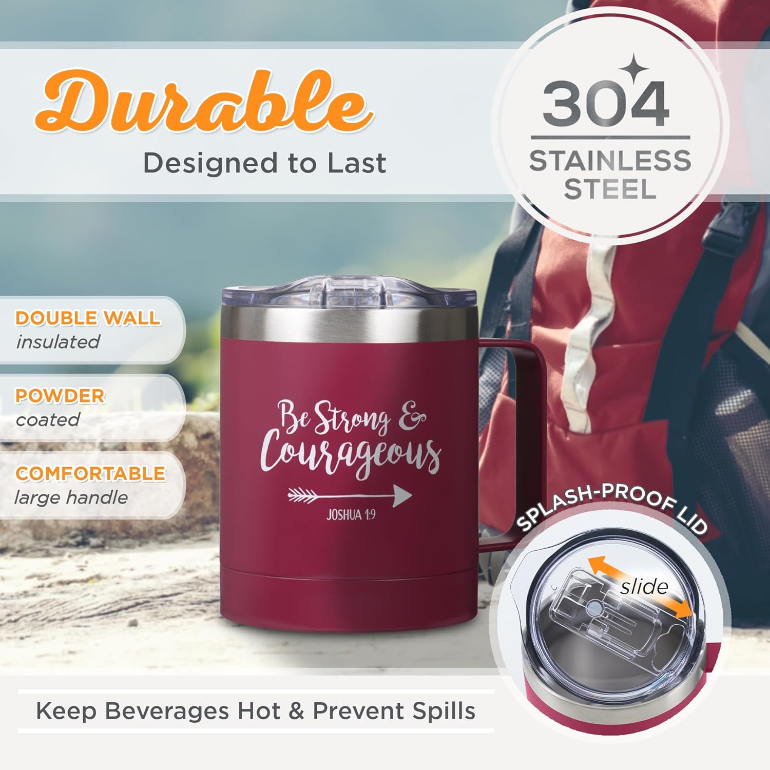 Christian Art Gifts Be Strong & Courageous Stainless Steel Magenta Mug w/Joshua 1:9 - Camp Style Travel Mug for Women and Men (11oz Double Wall Vacuum Insulated Coffee Mug with Lid and Handle) - Image 2