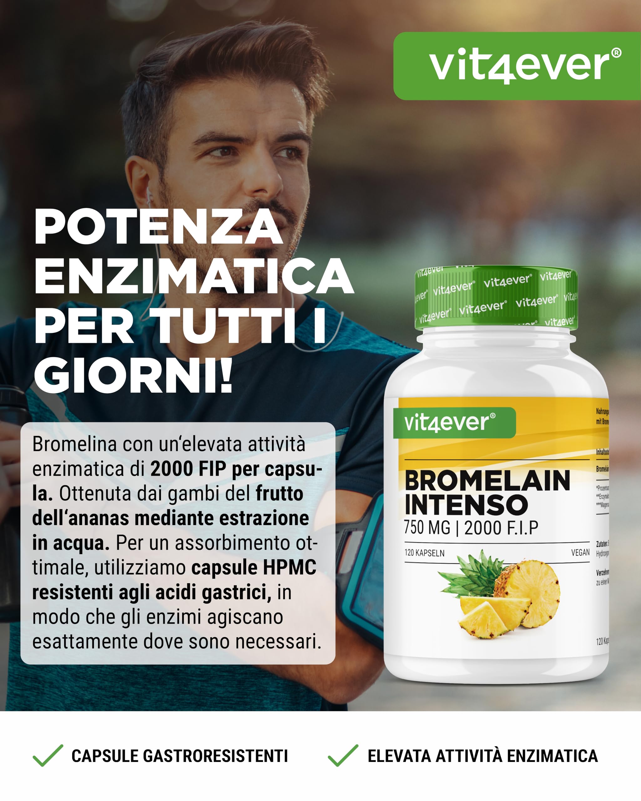 Bromelina Intenso - 750 mg (2000 F.I.P) - 120 capsule rivestite con enterici - Estratto naturale di ananas - Vegano - Altamente dosato