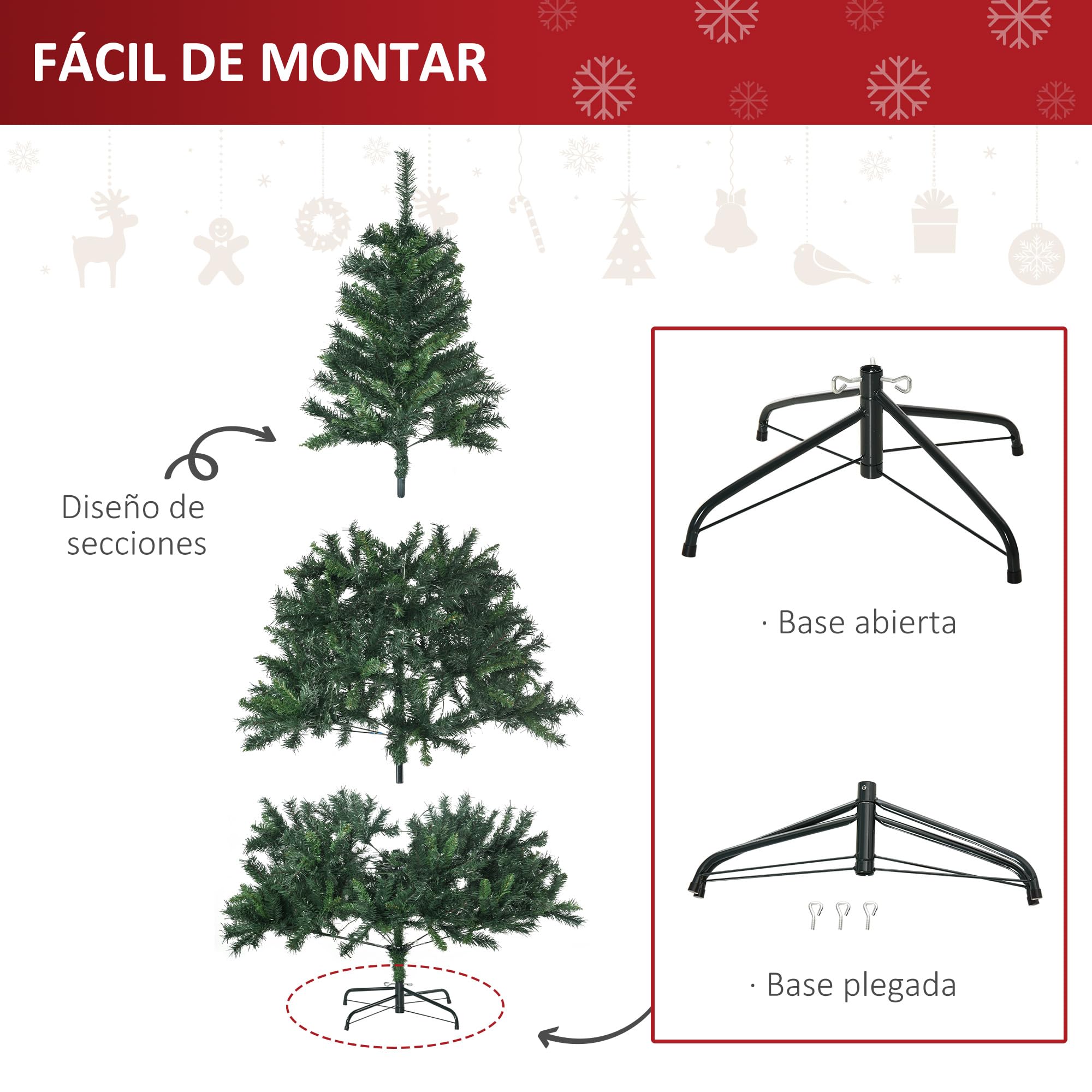 HOMCOM Árbol de Navidad con Luces LED Árbol Artificial Ø112x180 cm Verde | 180 cm, 745 Ramas, Bolas Adornos, Soporte de Metal