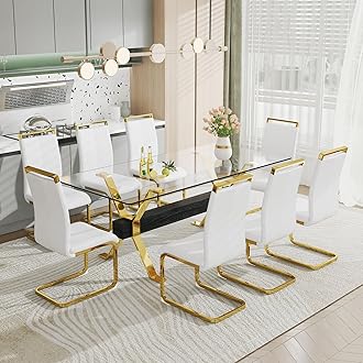 Pvillez Glass Dining Table Set for 8, 9 Piece Dining Room Table Set, 78" Modern Large Glass Kitchen & Dining Room Table w/Golden Metal Legs and Black MDF Crossbars & 8 White PU Leather Dining Chairs