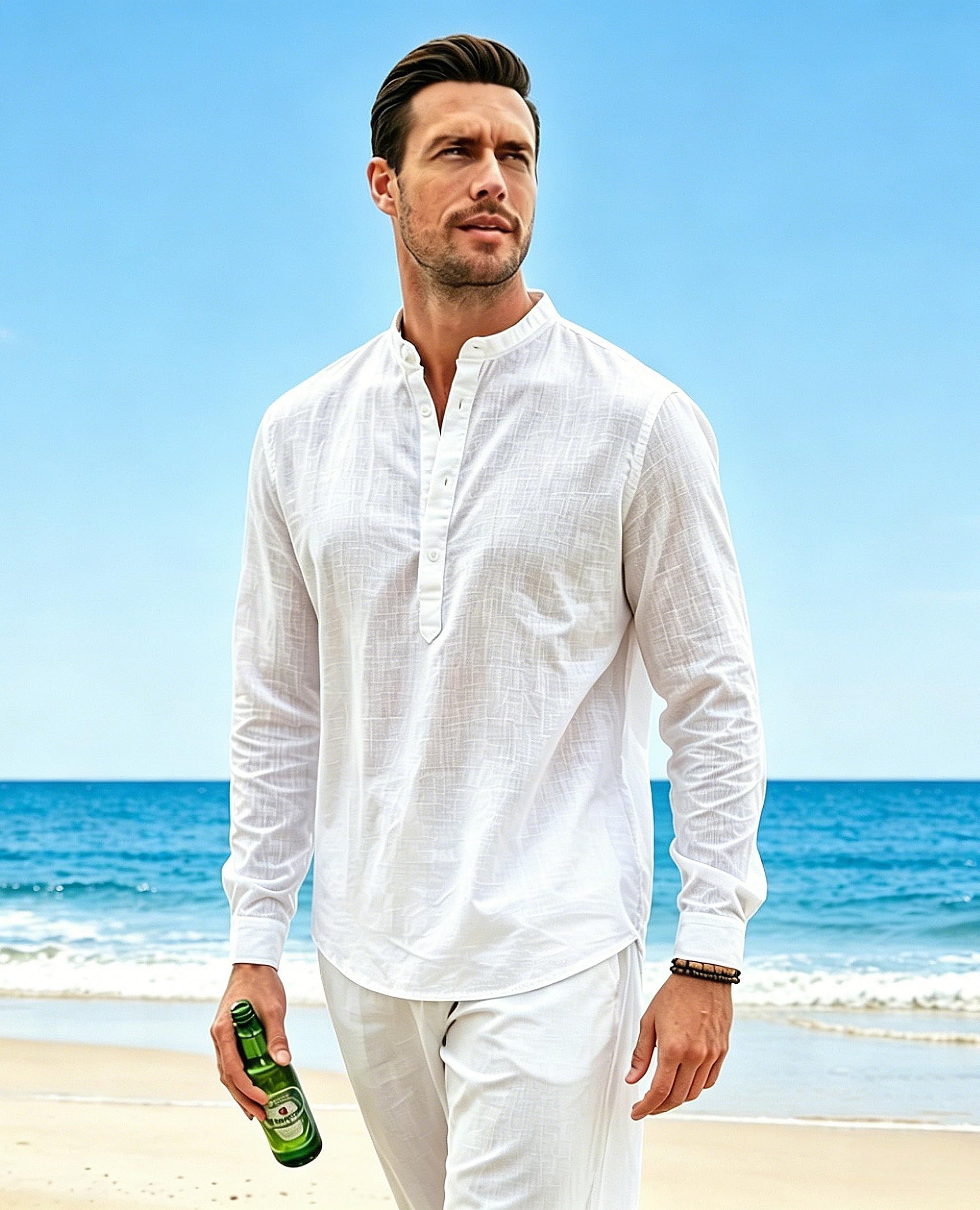 Cegerne Camicia Lino Uomo Maniche Lunghe Estiva Leggera Traspirante Henley Casual Maglietta Casacca Vacanze Spiaggia