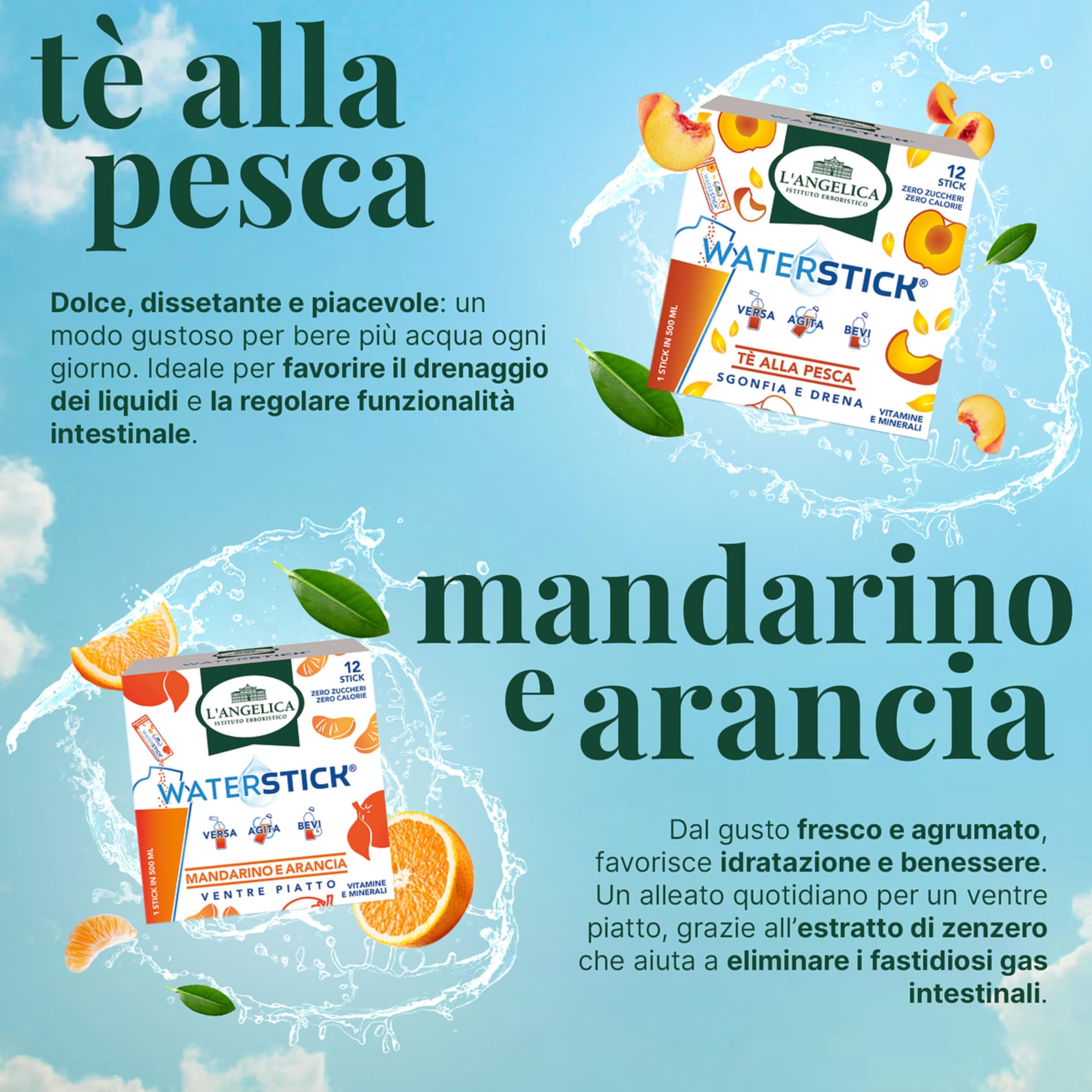 L'Angelica Waterstick Cassa Mista,4 Gusti, Tè alla Pesca, Anguria e Fragola, Mandarino e Arancia, Frutti Rossi,Vitamine e Sali Minerali, Zero Zuccheri e Calorie, Senza Conservanti,4 Astucci da12 Stick