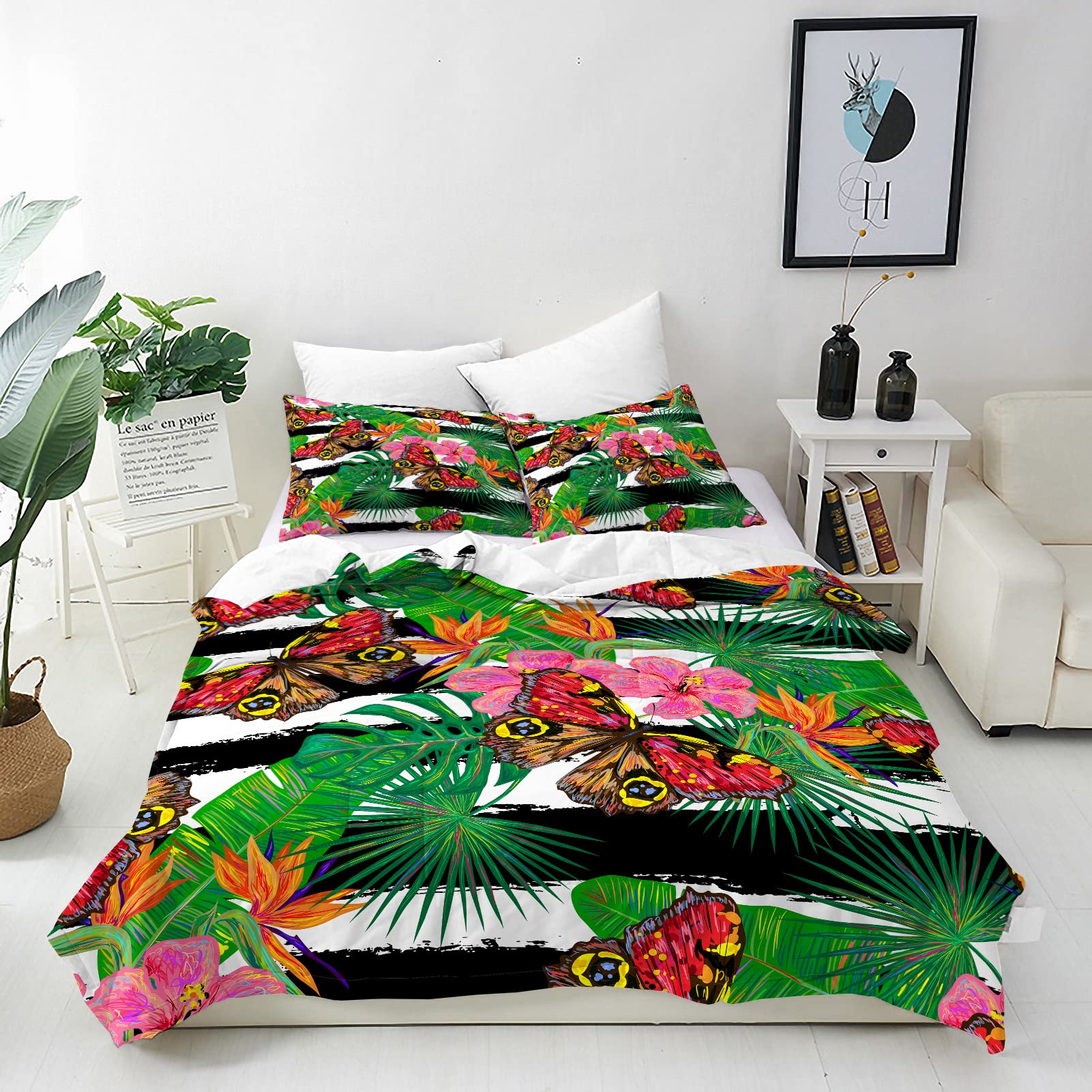 ANHOPE Butterfly Duvet Cover Set Soft Comforter Cover Tropical Flower Leaf Print Pattern 3 Piece Bedding Set with Pillowcase All Season Decor Quilt Cover with Zipper for Kids Adult Super King โ image 1