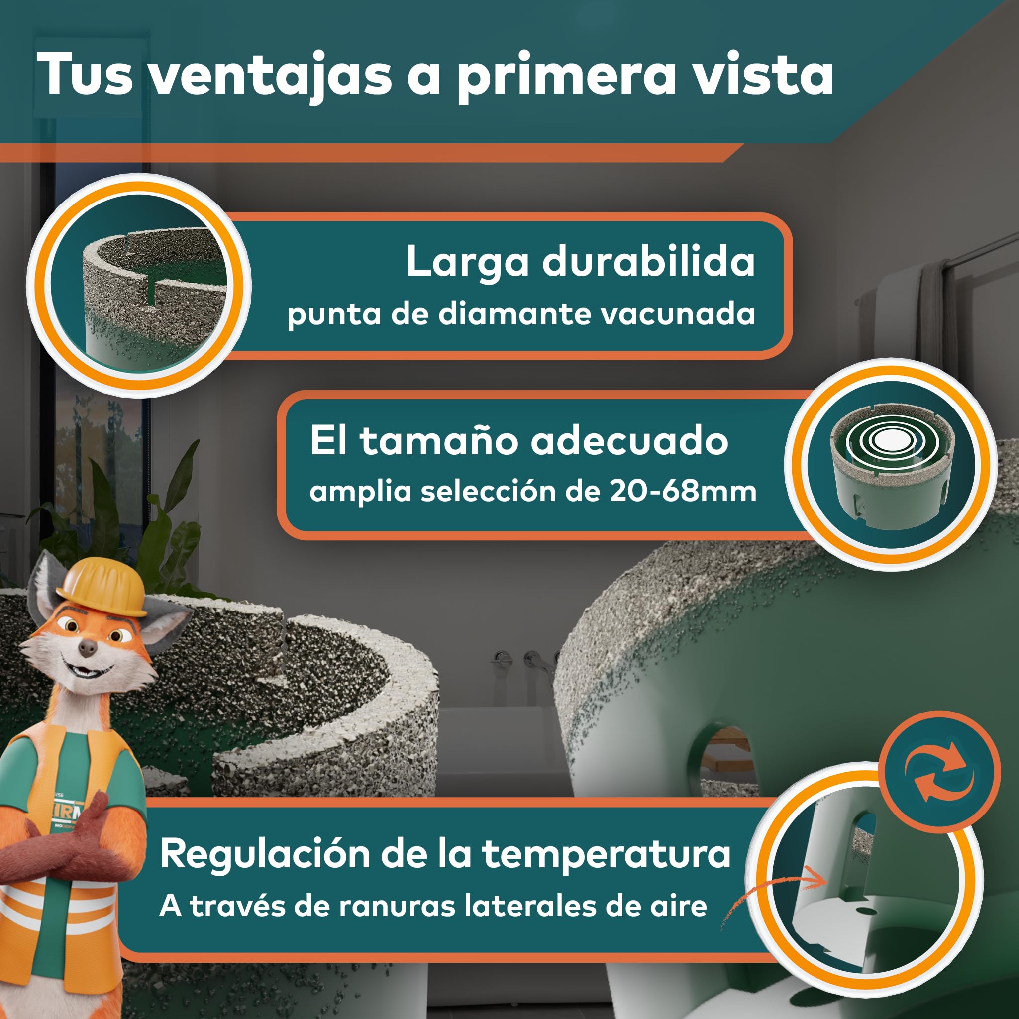 El exclusivo set de brocas de diamante de Fairmo (5 piezas incl. adaptador M14) - Set de coronas de diamante para taladro de azulejos 68mm, 50mm, 35mm, 25mm, 20mm fresadora de dedos