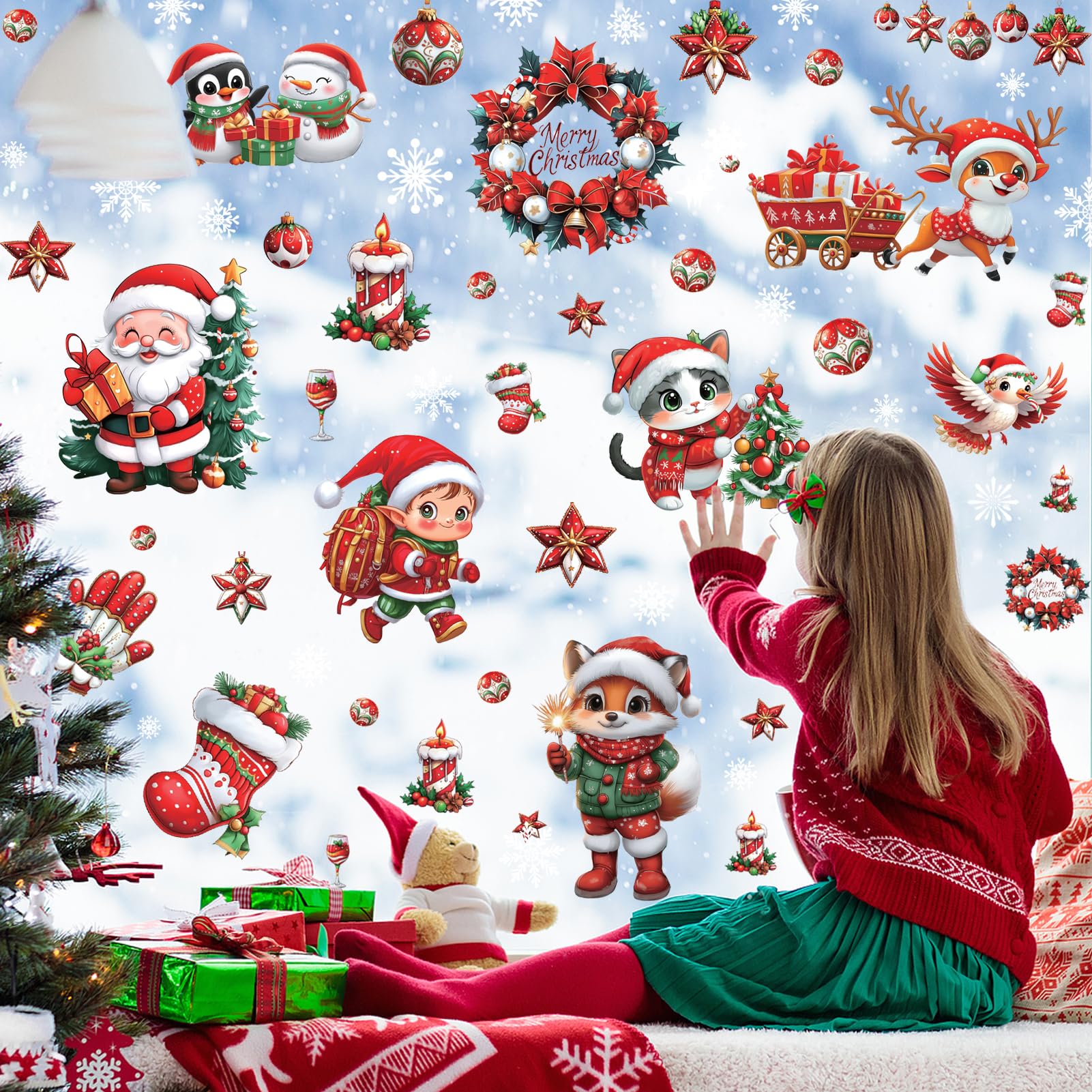 Fassory Red Christmas 9 Sheets 142 Pcs Window Stickers, Double-Side Reusable Static Xmas Window Sticker Decal, Classic Window Stickers Christmas Scene (Red Christmas)