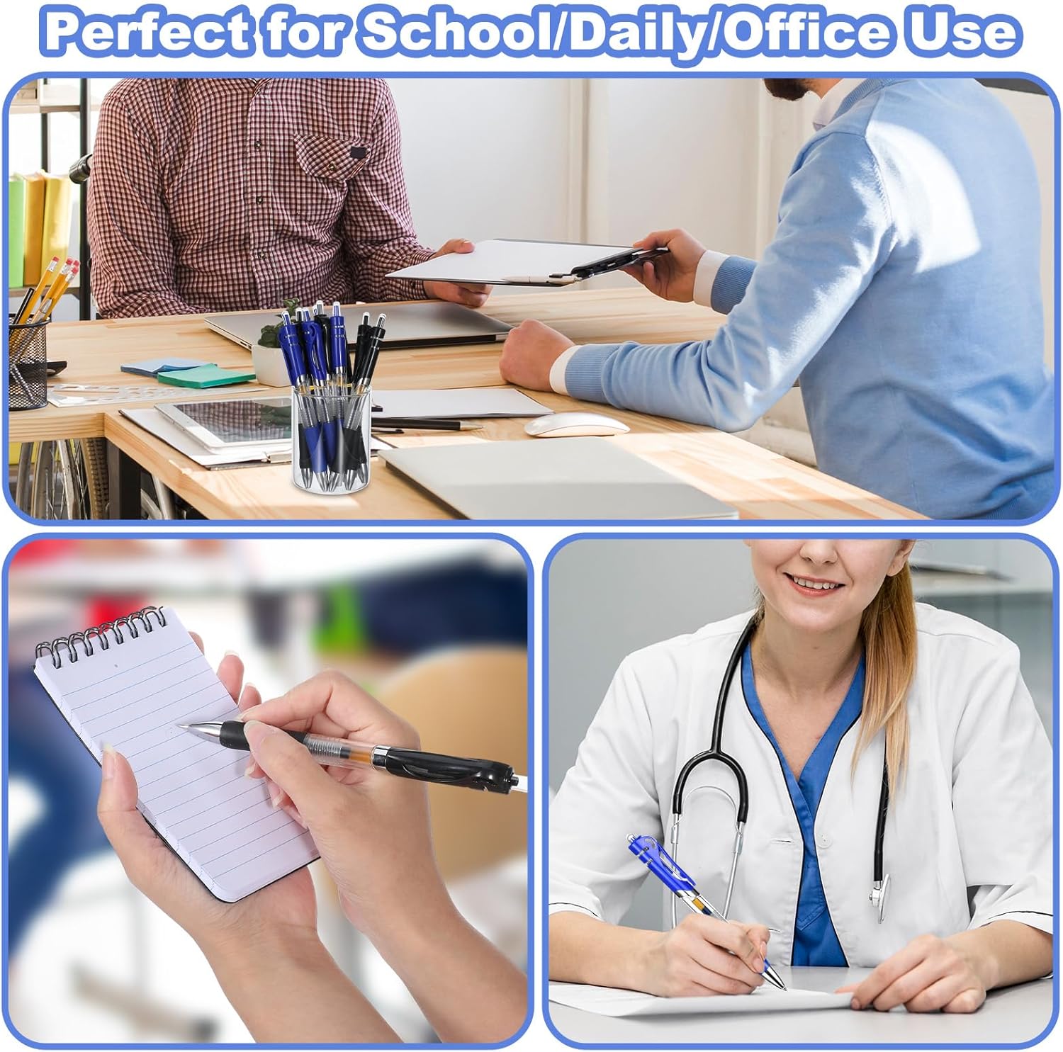 200 Pcs Retractable Ballpoint Pen Bulk Medium Point 1.0mm Smooth Writing Pens with Grip, Blue & Black Ink Gel Pens for Work Journal Writting Office School Supplies - Image 7
