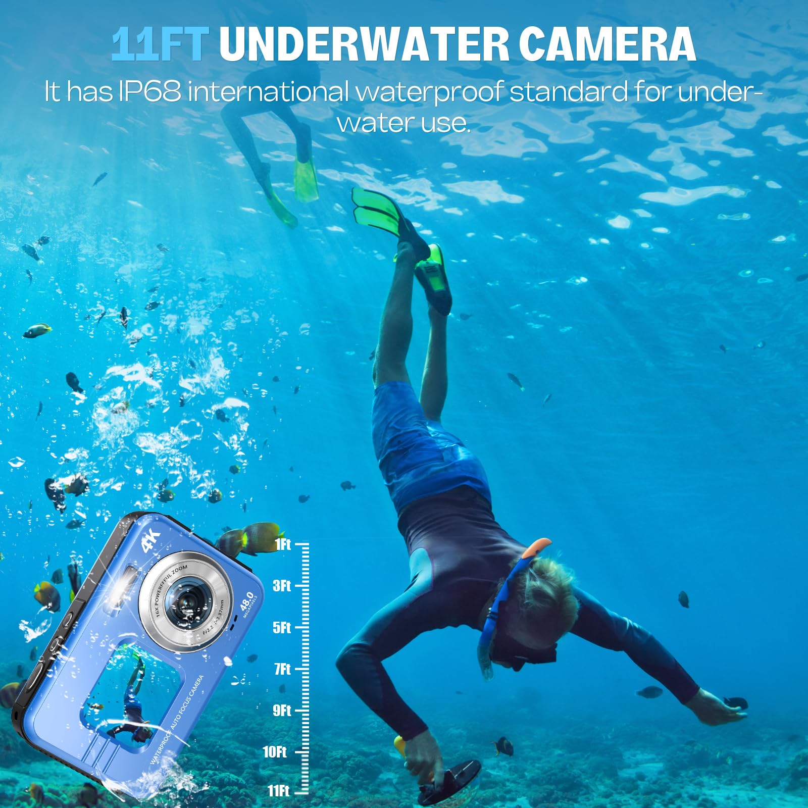 Appareil Photo Numérique HICSHON 4K étanche 48 MP Autofocus Caméra sous-Marine avec Carte mémoire 64 G Selfie Dual écrans avec Zoom 16X, Compact pour Enfants/débutants (Bleu)
