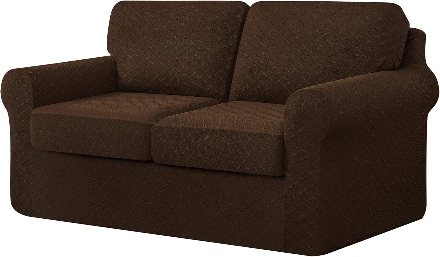 CHUN YI 5 Piece Stretch Diamond Lattice Loveseat Sofa Cover, 2 Seater Couch Slipcover with Two Separate Backrests and Cushions with Elastic Band, Checks Spandex Rhombus Fabric(Medium,Chocolate)