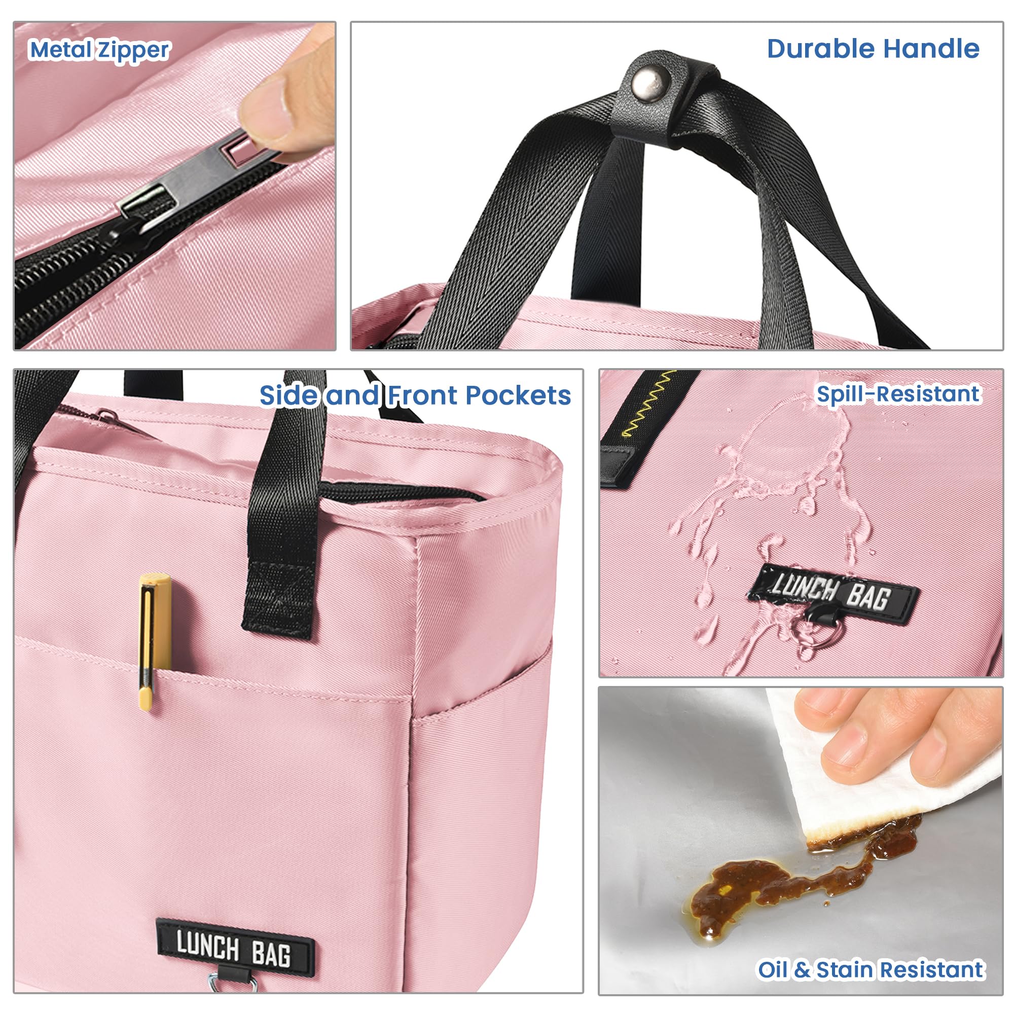 INNKGLE Insulated Lunch Bag -Pink- Leakproof PEVA Liner, Triple-Layer Thermal Insulation, Large Opening, Front & Side Pockets - Image 2