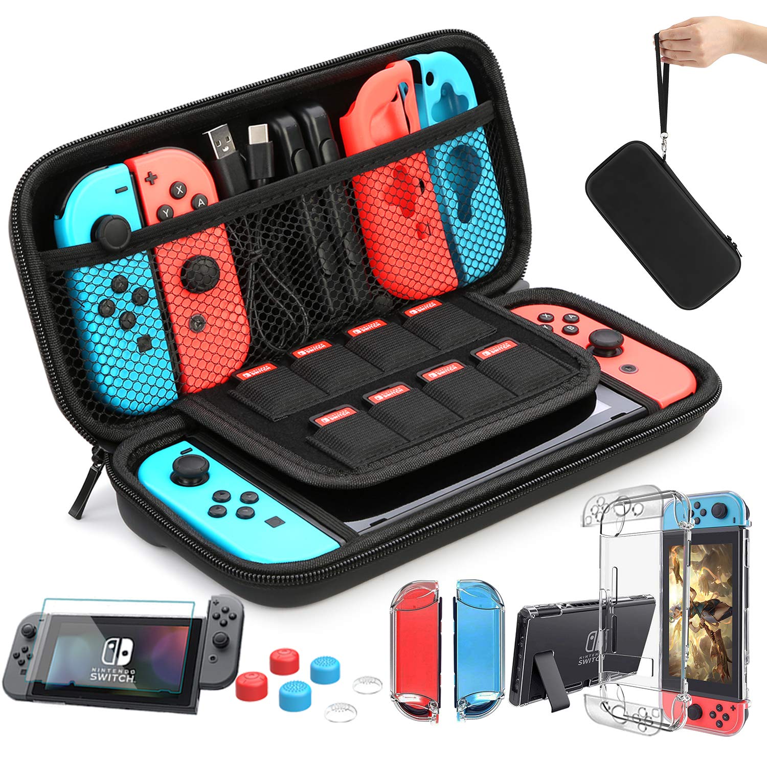 HEYSTOP Case Compatible with Nintendo Switch Carry Case 9 in 1 Pouch Switch Cover Case HD Switch Screen Protector Thumb Grips Caps for Nintendo Switch Console Accessories