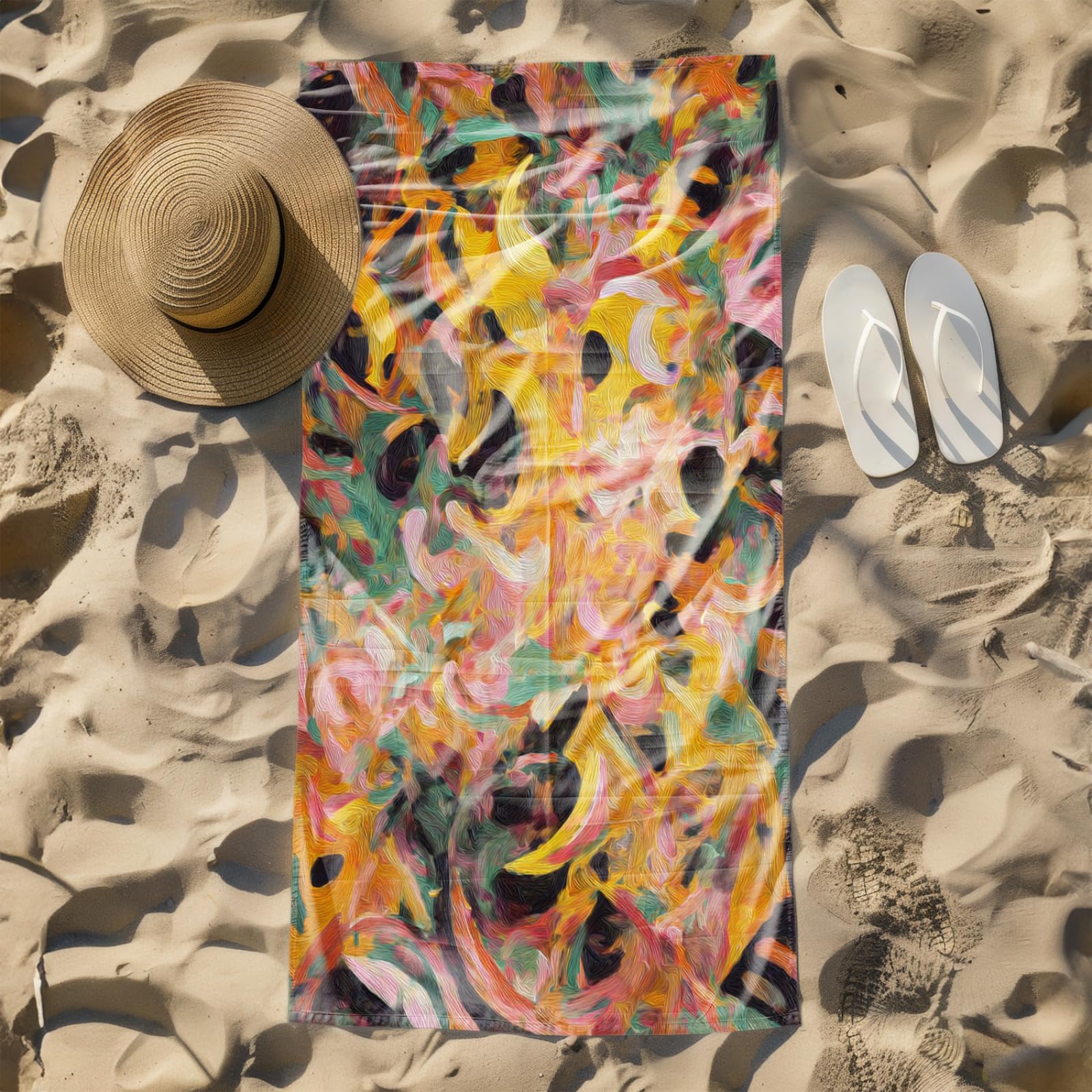 Telo Mare Microfibra 210x230 Giallo Rosa Astratto Telo Spiaggia Grande Antisabbia,XXL Asciugamano Mare, Asciugatura Rapida, Stuoia Spiaggia Leggero E Portatile