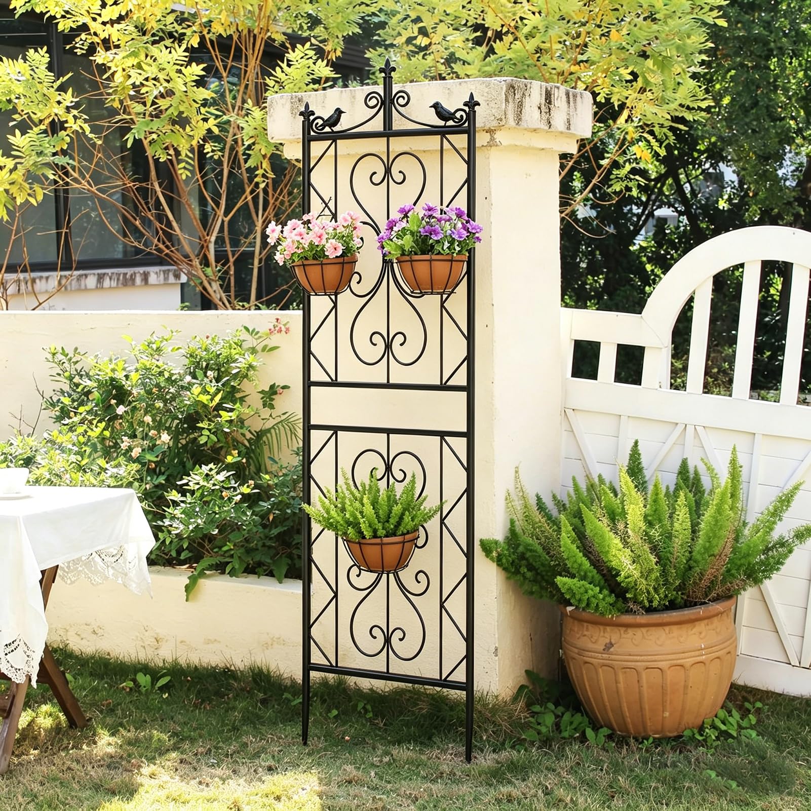 Traliccio in Metallo 195x50cm per Piante Rampicanti – Griglia Decorativa da Giardino con Uccellini – Recinzione per Fiori e Verdure, Nero (1 pz)