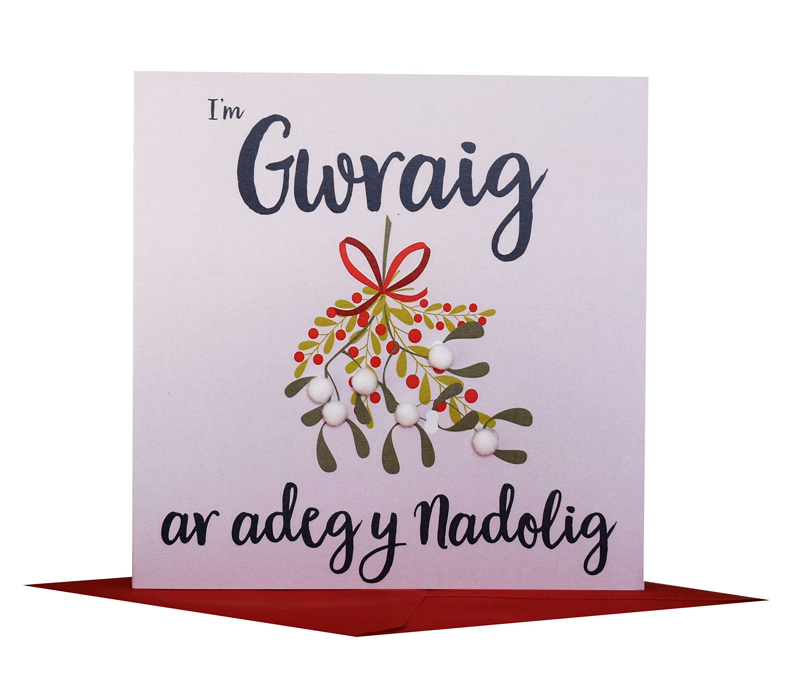 Claire Giles Greeting Cards, Welsh Happy Christmas Wife Card, Nadolig Llawen Gwraig, Mistletoe design xmas Greeting Card, Embellished with Colourful Pompoms