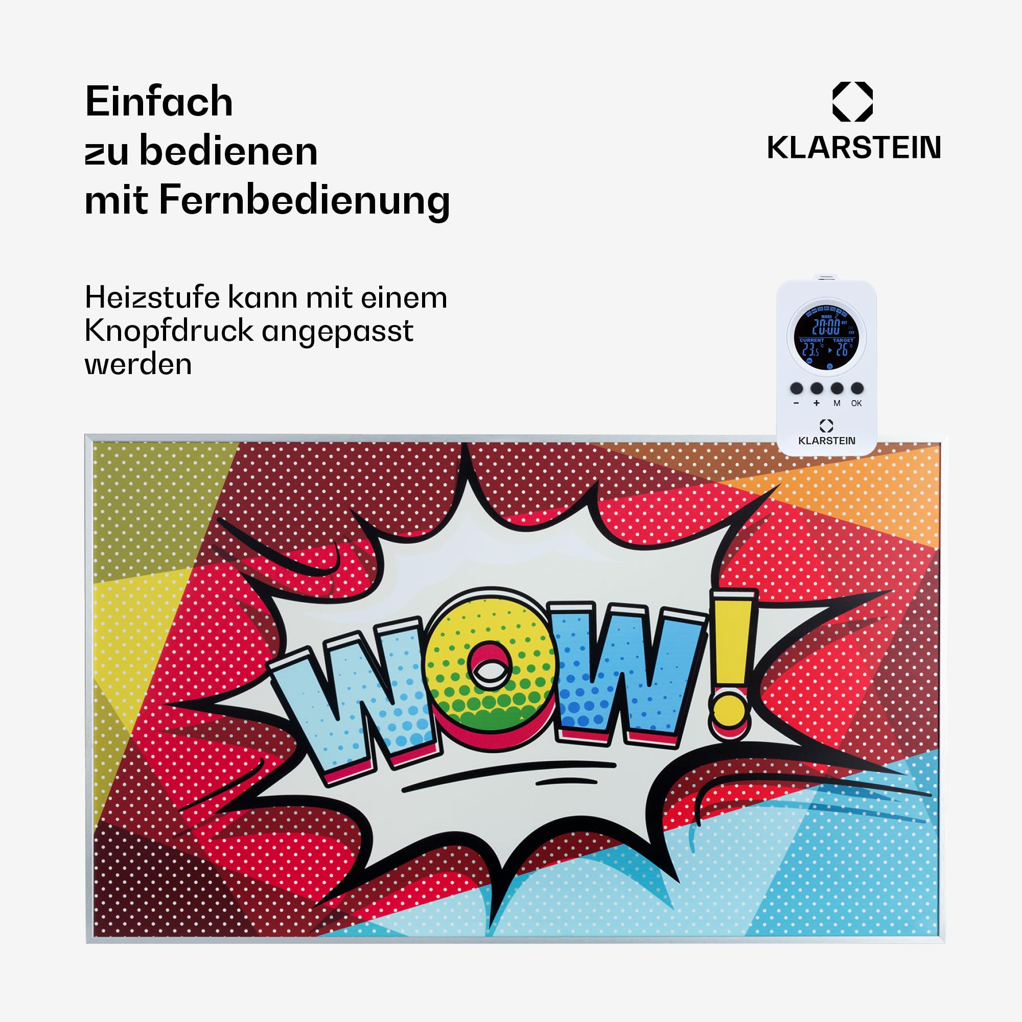 Klarstein Infrarotheizung mit Thermostat, 600W Elektroheizung, Bild-Infrarotheizung zur Wandmontage, IR mit Fernbedienung, Erkennung Offener Fenster, Feuchtraum Heizkörper, Elektro Wand Heizung